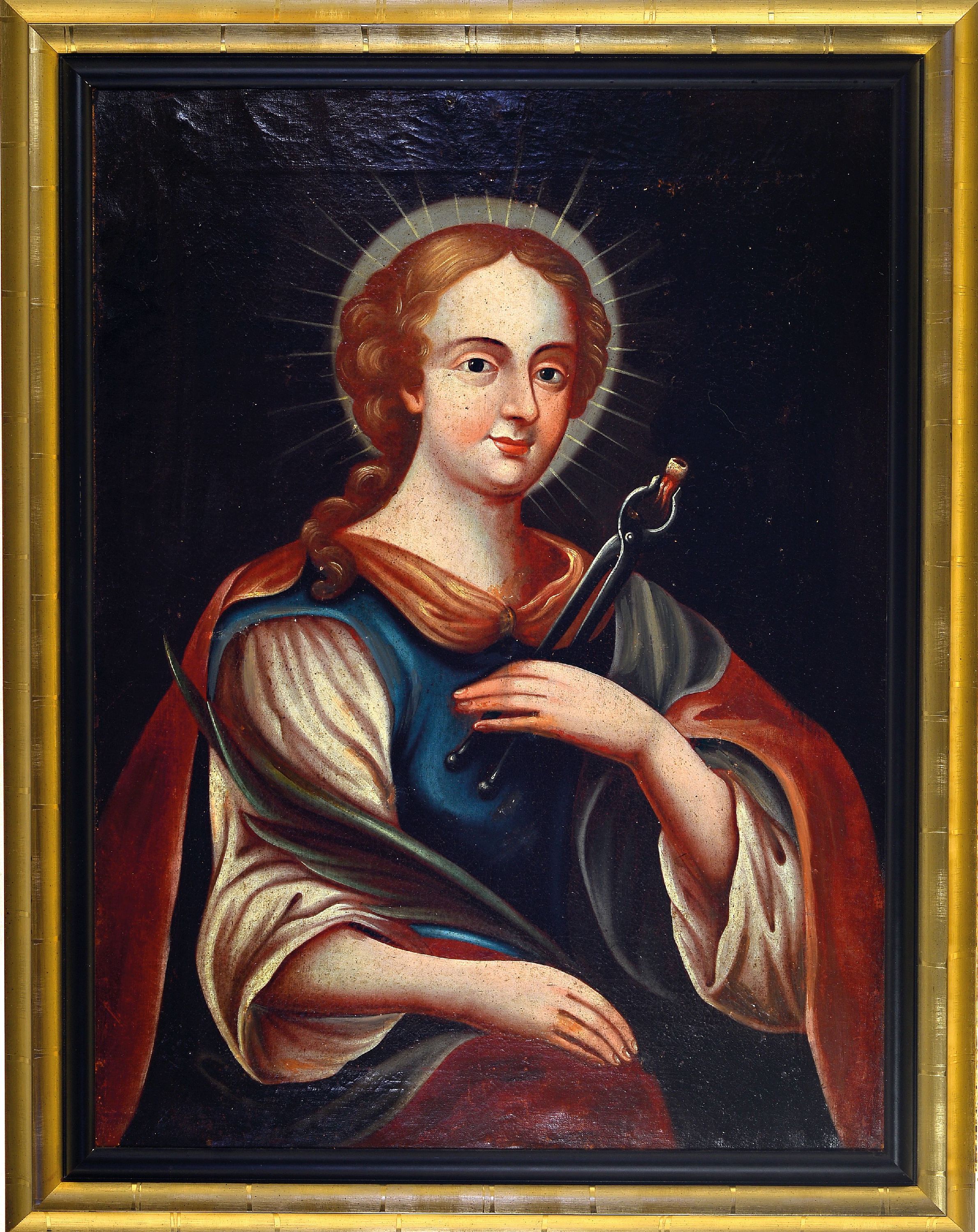 Detail k: Unbekannter Künstler, um 1720, Bildnis der Hl. Apollonia von Alexandria, Schutzpatronin der Zahnärzte, Öl/Lwd, rest., ca. 73x54cm, R. ca. 85x67cm