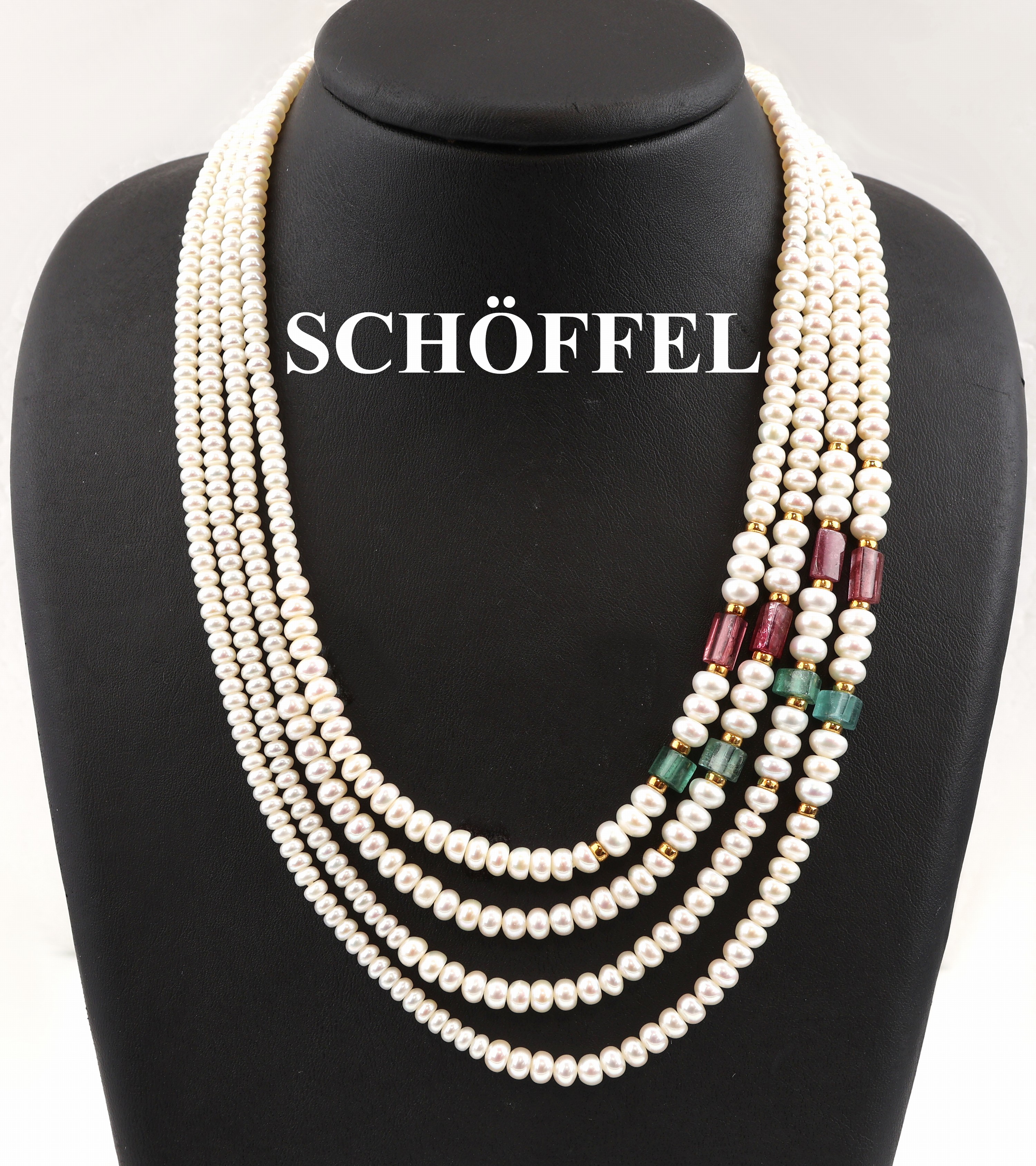 Image 27044021 - 4-reihiges SCHÖFFEL 14 kt Gold Turmalin-Perl- Collier , GG 585/000, 4 grüne und 4 ...