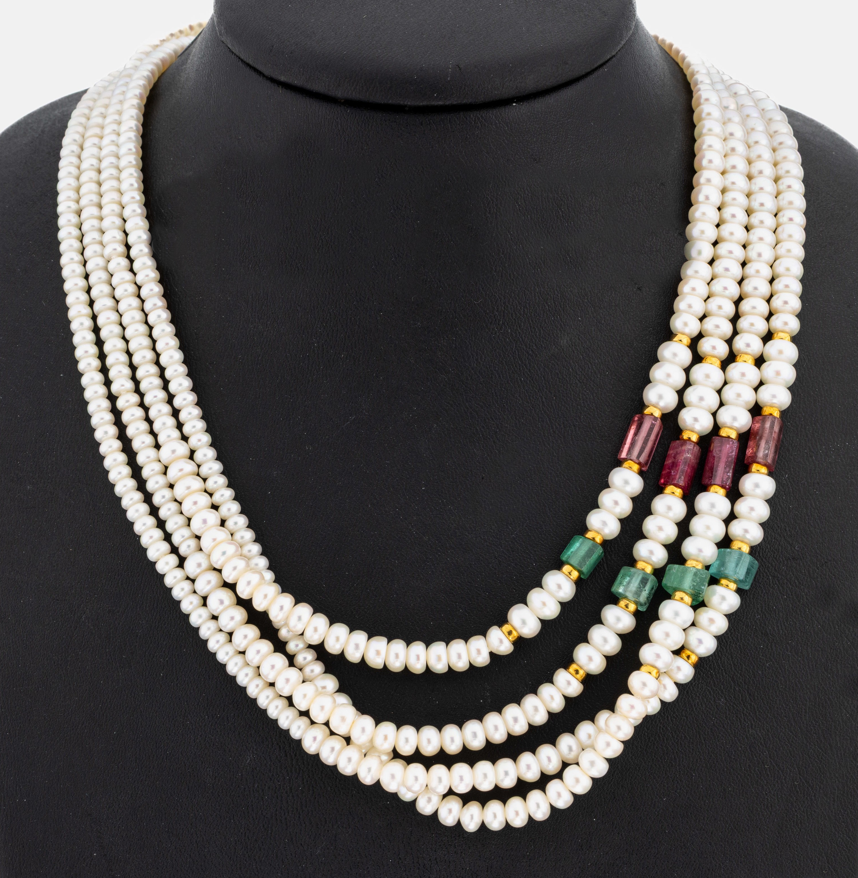 Detail a: 4-reihiges SCHÖFFEL 14 kt Gold Turmalin-Perl- Collier , GG 585/000, 4 grüne und 4 pinkfarb. facett. Turmalin-Rondelle zus. ca. 18.0 ct, ...