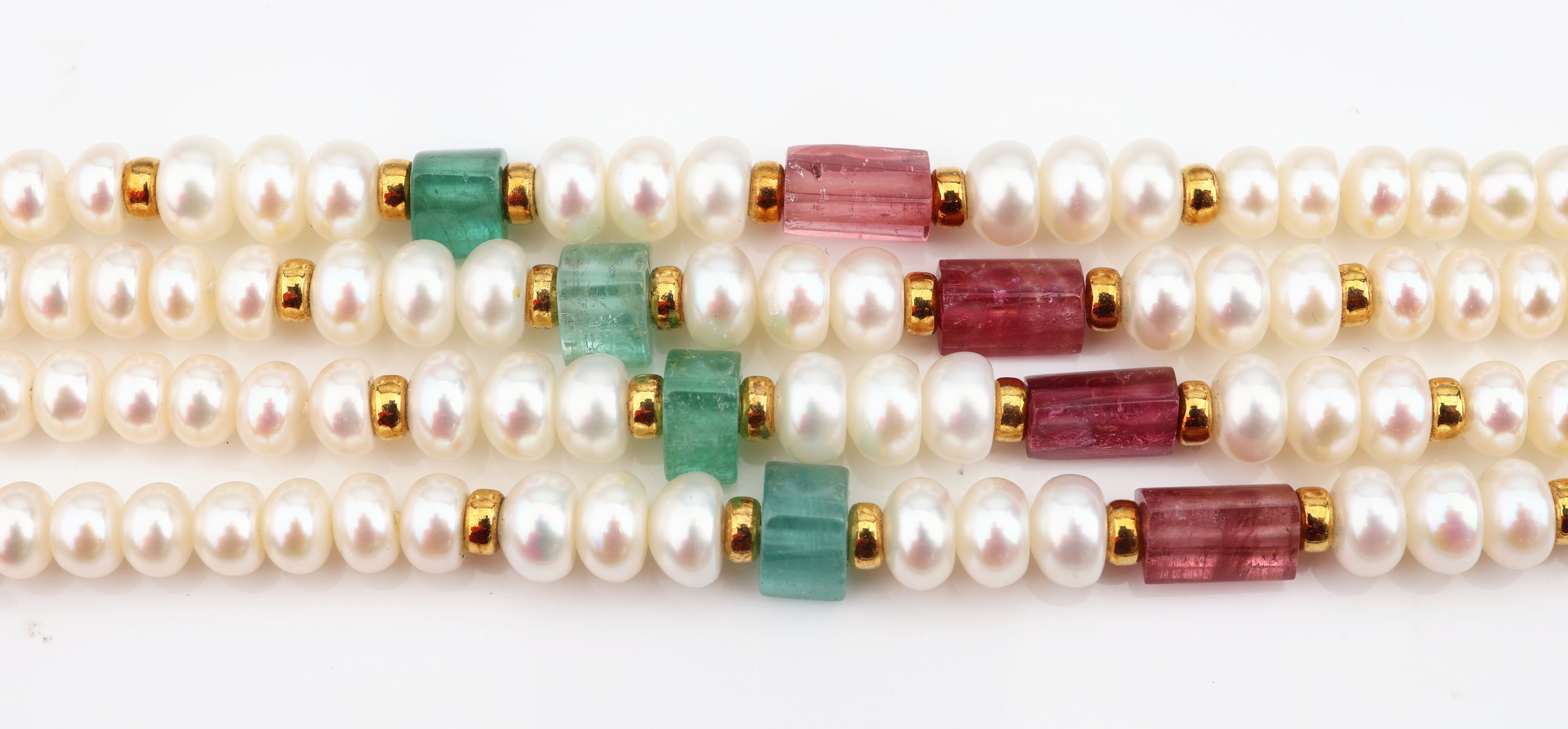 Detail b: 4-reihiges SCHÖFFEL 14 kt Gold Turmalin-Perl- Collier , GG 585/000, 4 grüne und 4 pinkfarb. facett. Turmalin-Rondelle zus. ca. 18.0 ct, ...