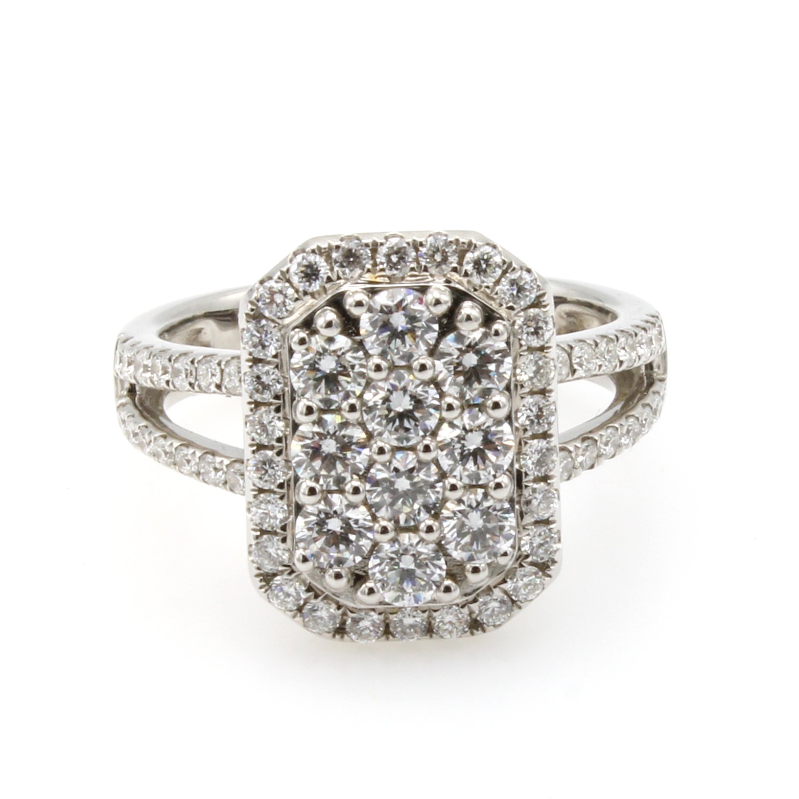 Image 27044074 - Ring mit Brillanten, WG 750/000, 10 Brill. zus. ca. 0.94 ct u. 55 Besatzbrill. zus. ca. ...