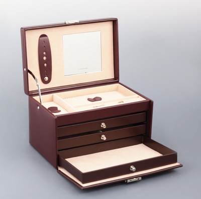 27044051a - schmuckkoffer aus weinrotem Glattleder, Innenausstattung aus altrosafarbenen ...