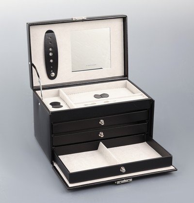 27044053a - Schmuckkoffer aus schwarzen Glattleder, Innenausstattung aus hellgrauem ...