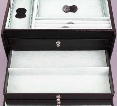 27044056b - Schmuckkoffer aus schwarzem Leder in Echsen- optik, Innenausstattung aus hellgrünem ...