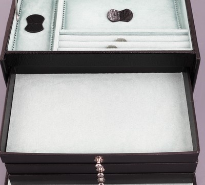 27044056c - Schmuckkoffer aus schwarzem Leder in Echsen- optik, Innenausstattung aus hellgrünem ...