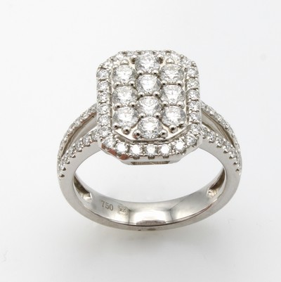 27044074a - Ring mit Brillanten, WG 750/000, 10 Brill. zus. ca. 0.94 ct u. 55 Besatzbrill. zus. ca. ...