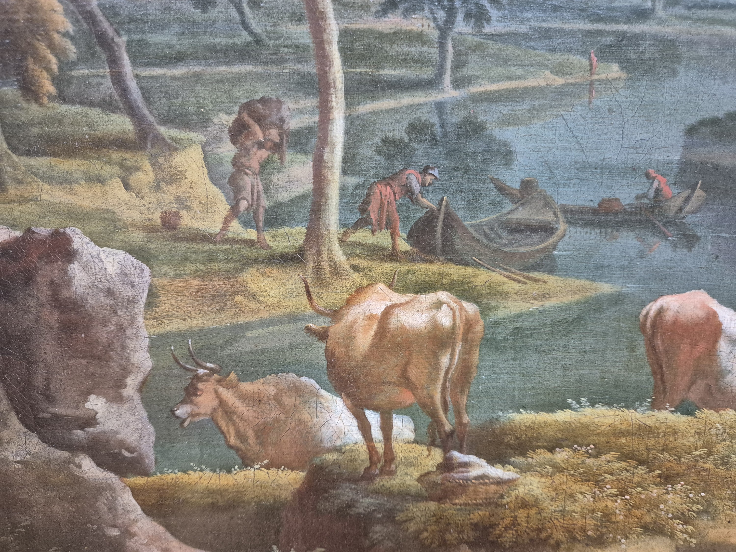 Detail b: Zuschreibung: Etienne Allegrain, 1644-1736 Paris, barocke Landschaft mit Figurenstaffage, Tiefenstaffelung durch mäandernden Flusslauf, unsigniert, ...