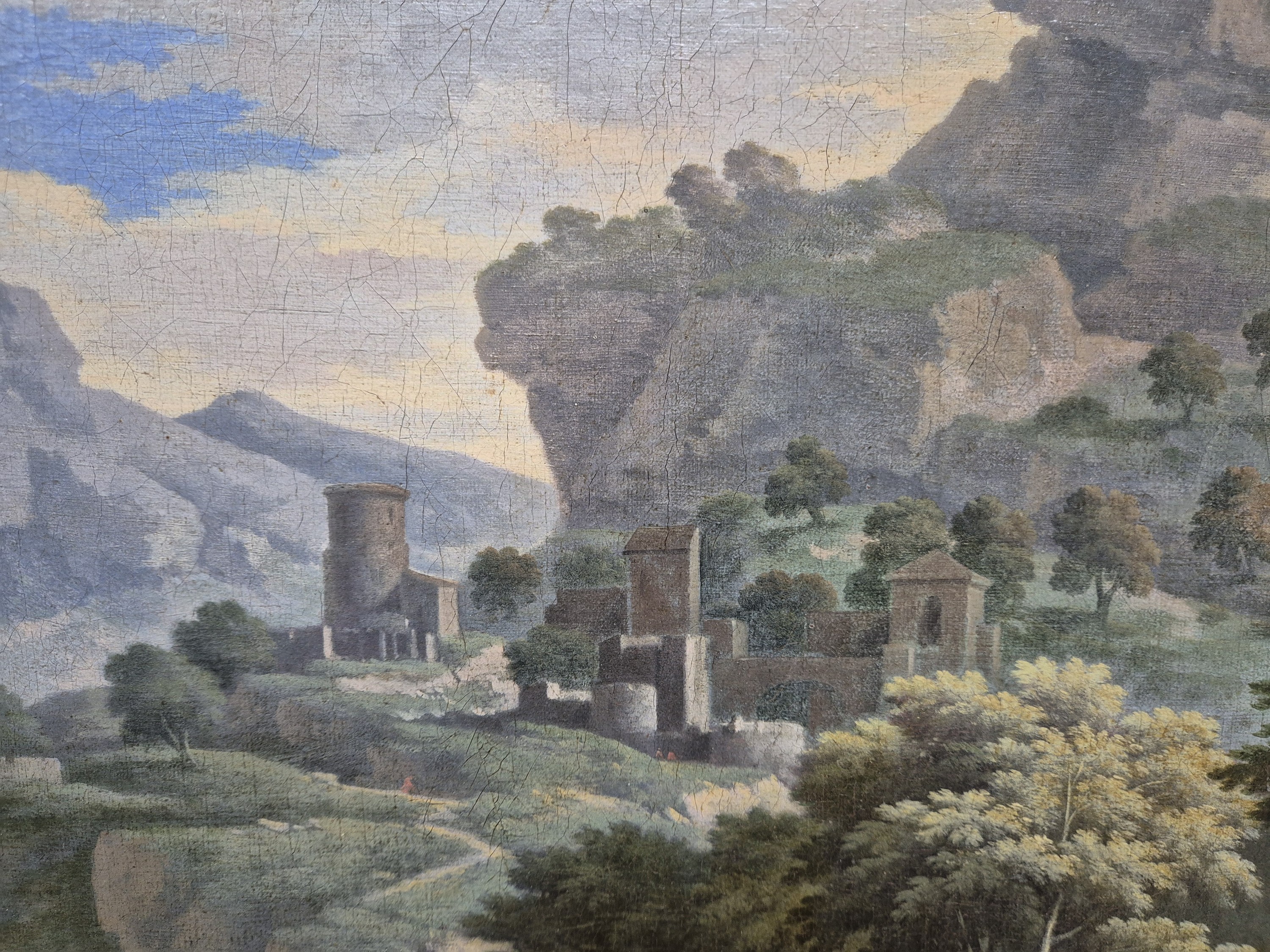 Detail e: Zuschreibung: Etienne Allegrain, 1644-1736 Paris, barocke Landschaft mit Figurenstaffage, Tiefenstaffelung durch mäandernden Flusslauf, unsigniert, ...