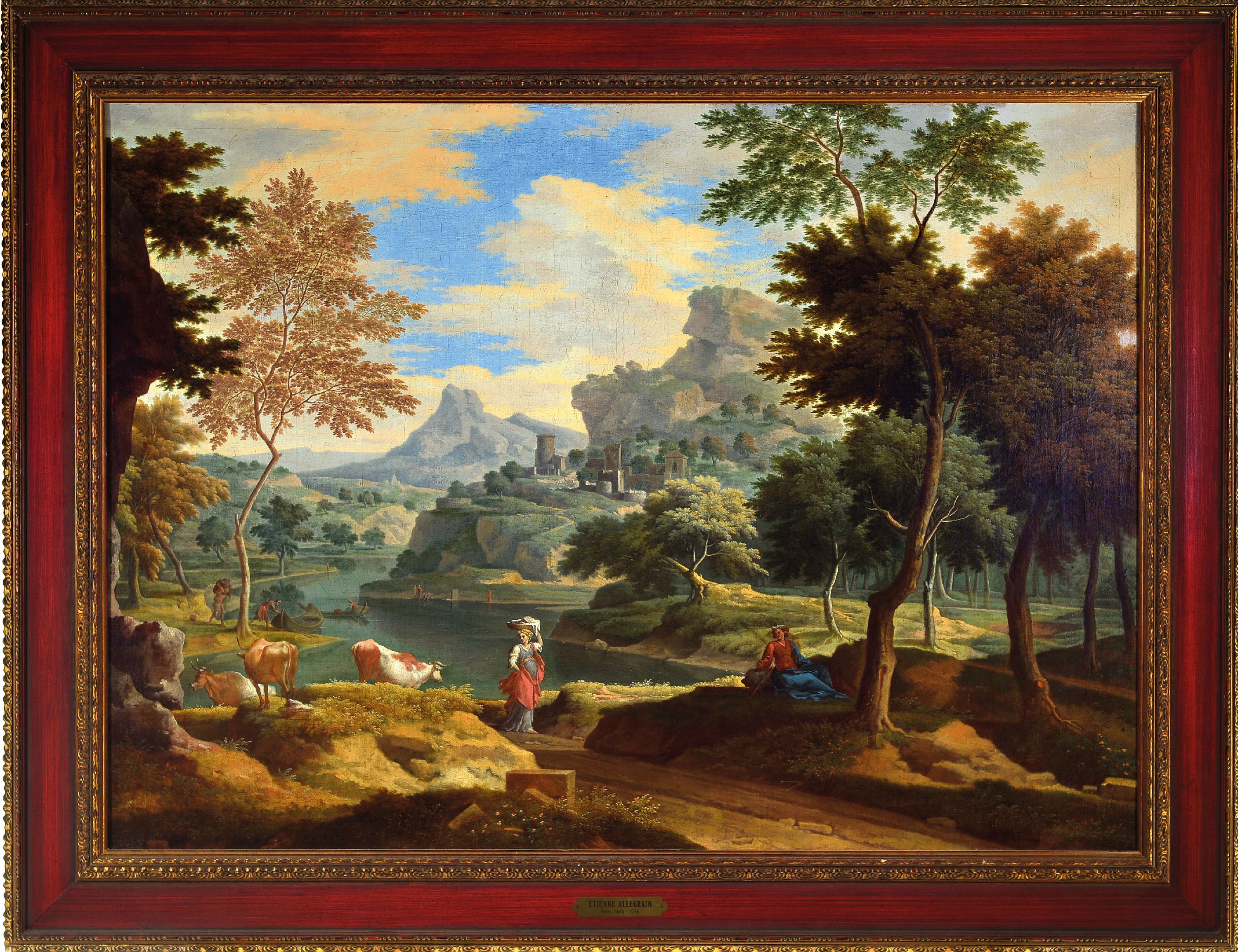 Detail k: Zuschreibung: Etienne Allegrain, 1644-1736 Paris, barocke Landschaft mit Figurenstaffage, Tiefenstaffelung durch mäandernden Flusslauf, unsigniert, ...