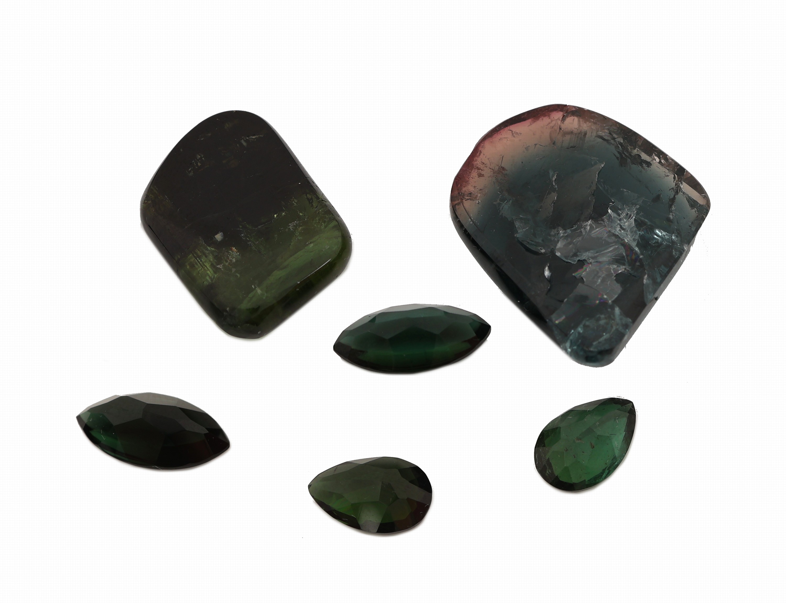 Detail a: Lot lose Turmaline: 4 Turmaline zus. ca. 6.77 ct, 2 x Navettes, 2x facett. Tropfen; Turmalin ca. 14.45 ct, Farbverlauf von hell- bis dunkelgrün; ...