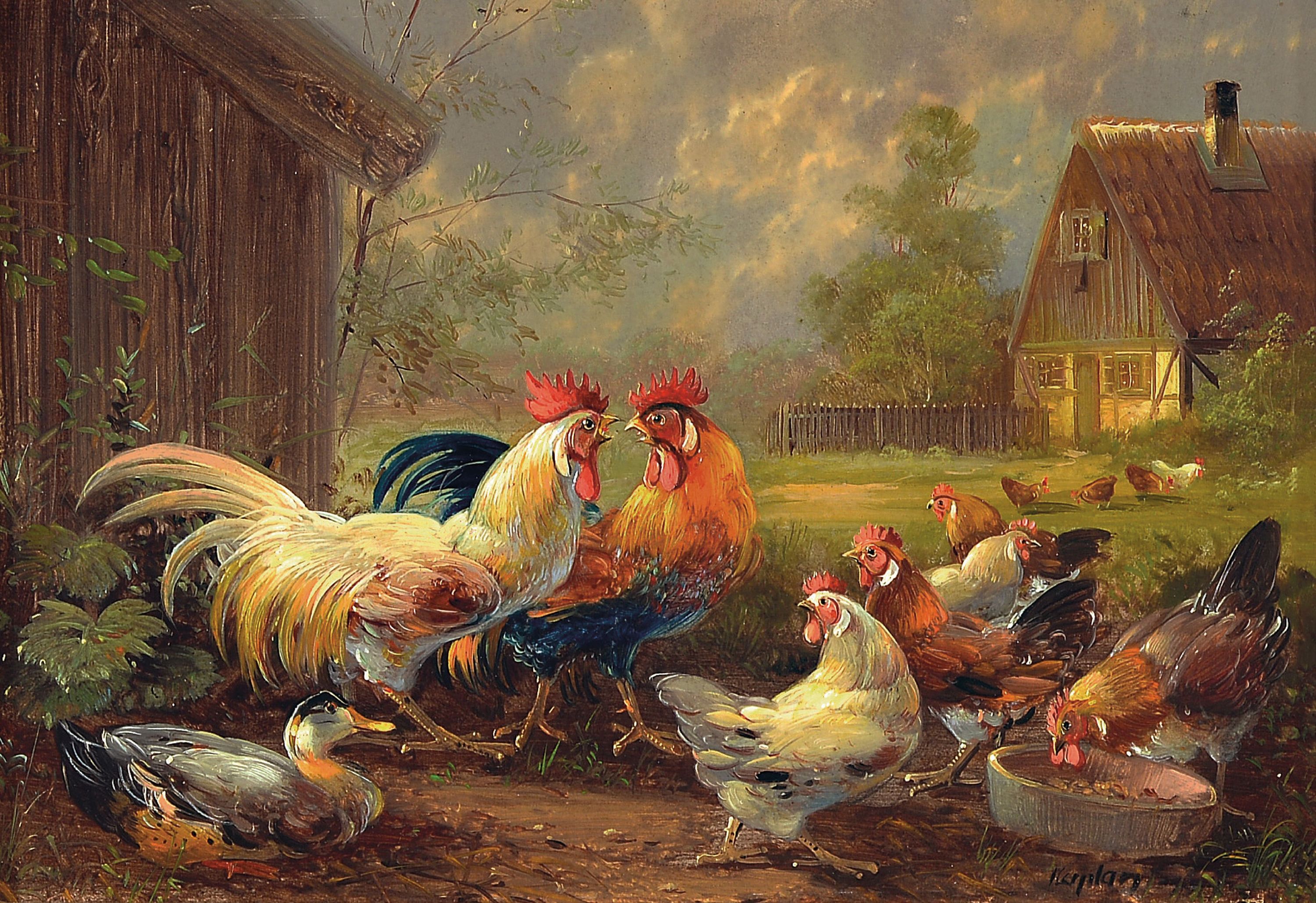 Image 27044558 - Hubert Kaplan, 1940-2024 München, auf dem Hühnerhof, Öl/Holz, feine ...