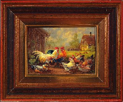 27044558k - Hubert Kaplan, 1940-2024 München, auf dem Hühnerhof, Öl/Holz, feine ...