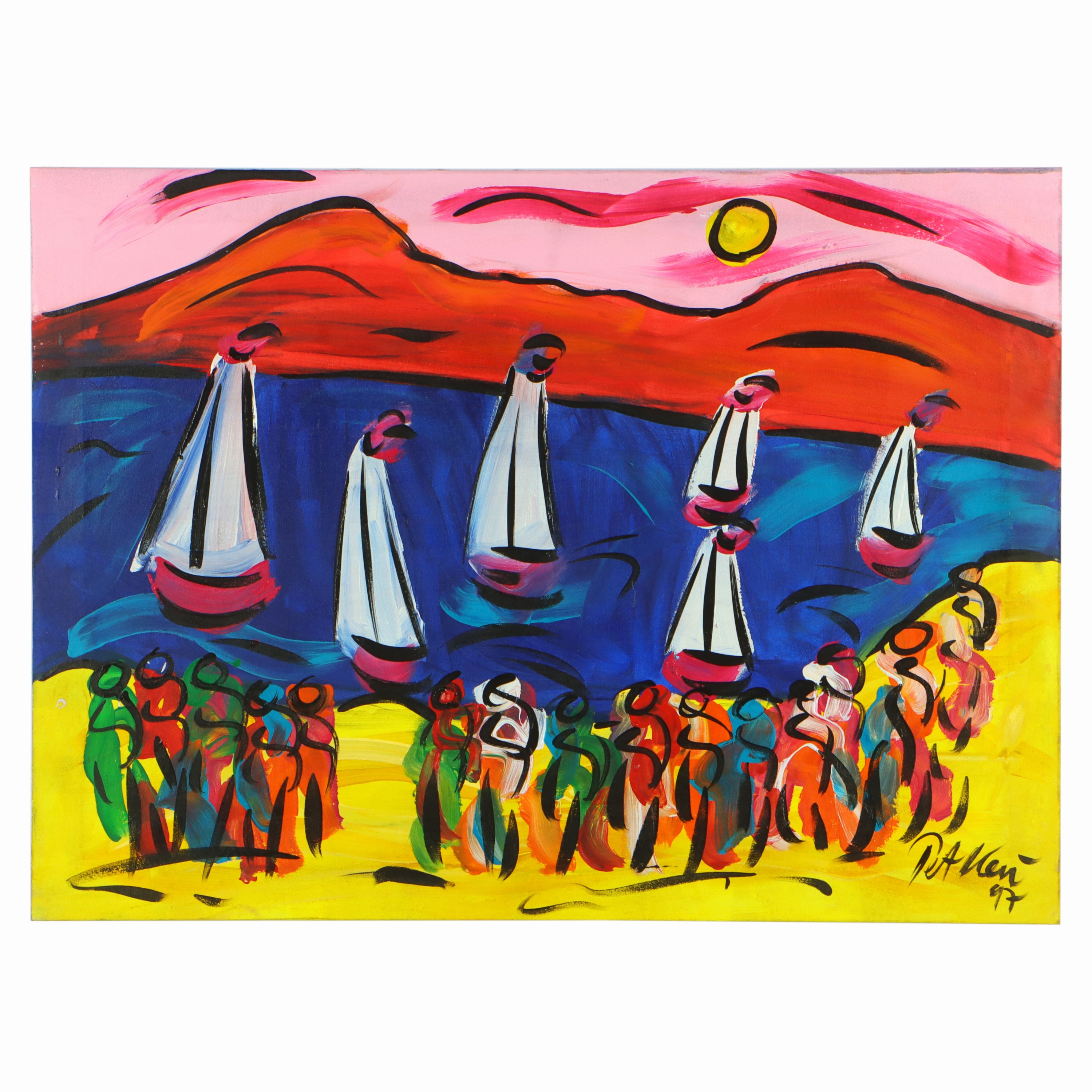 Image 27044770 - Peter Robert Keil, 1997, Berlin, Rückseite mit Titel: ´Segelbootrennen am Wannsee´, ca. ...