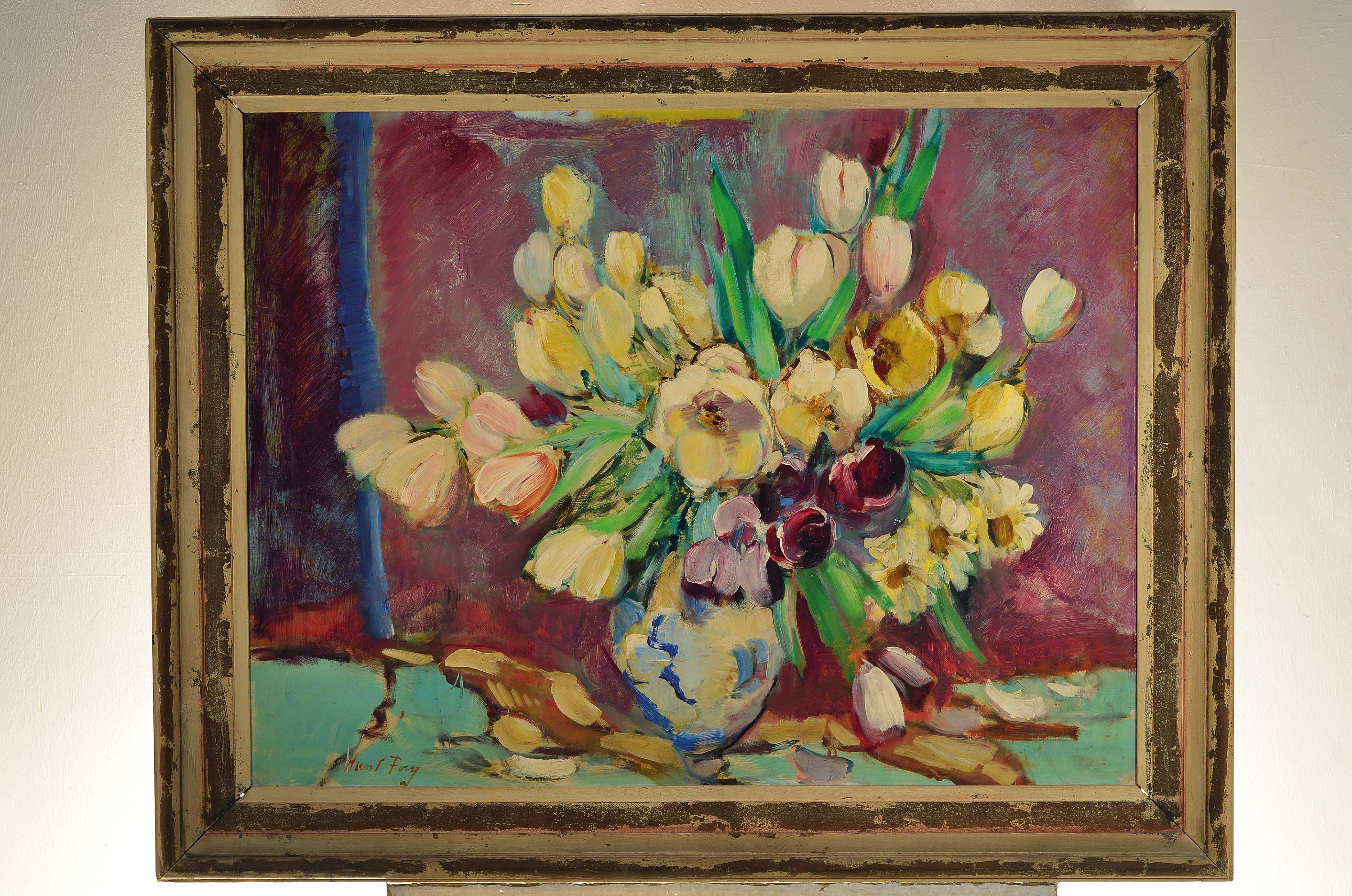 Detail k: Hanns Fay, 1888 Frankenthal-1957 Neustadt, Blumenstillleben mit Tulpen, Öl/Masonit, links unten signiert, 89x105 cm, Rahmen 125 cm