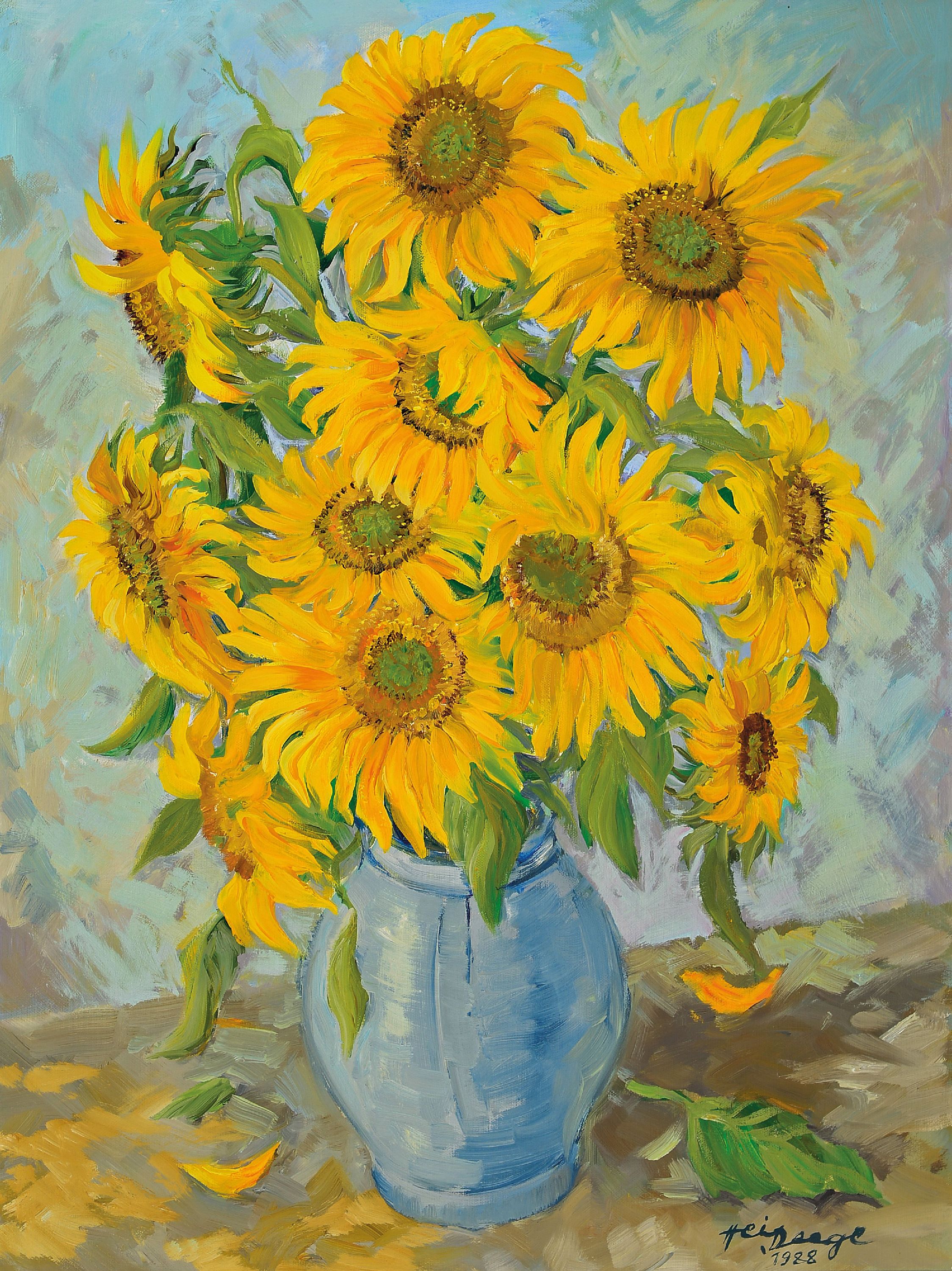 Image 27044905 - Heiner Deege, 1920-2007, sunflower still life,1988, signed and dated lower right, ...