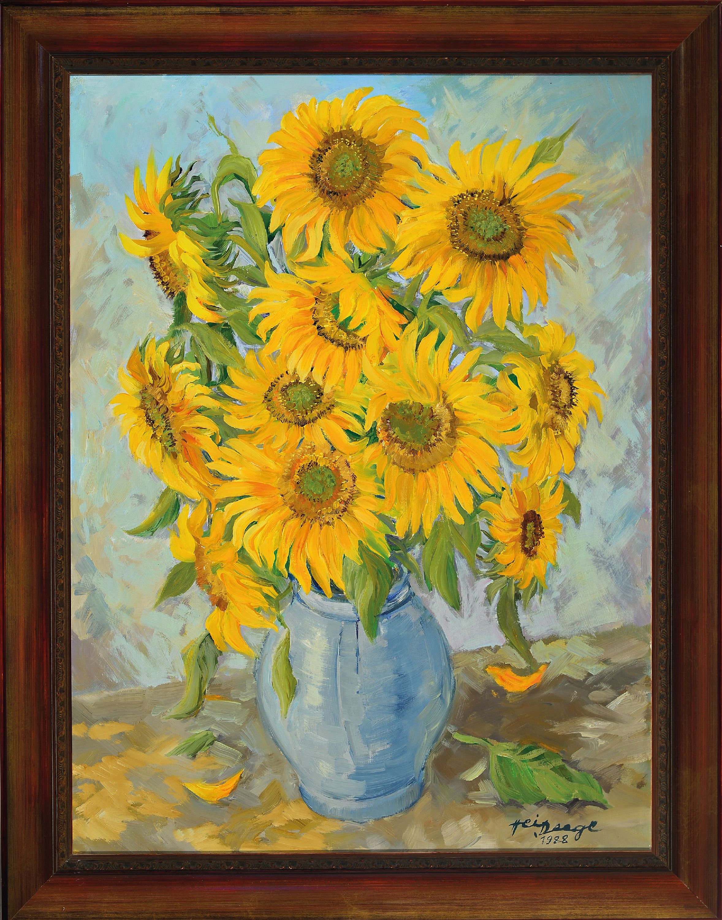 Detail k: Heiner Deege, 1920-2007, Sonnenblumenstillleben, 1988, rechts unten signiert und datiert, Öl/Lwd, 80x60 cm, Rahmen 86x66 cm
