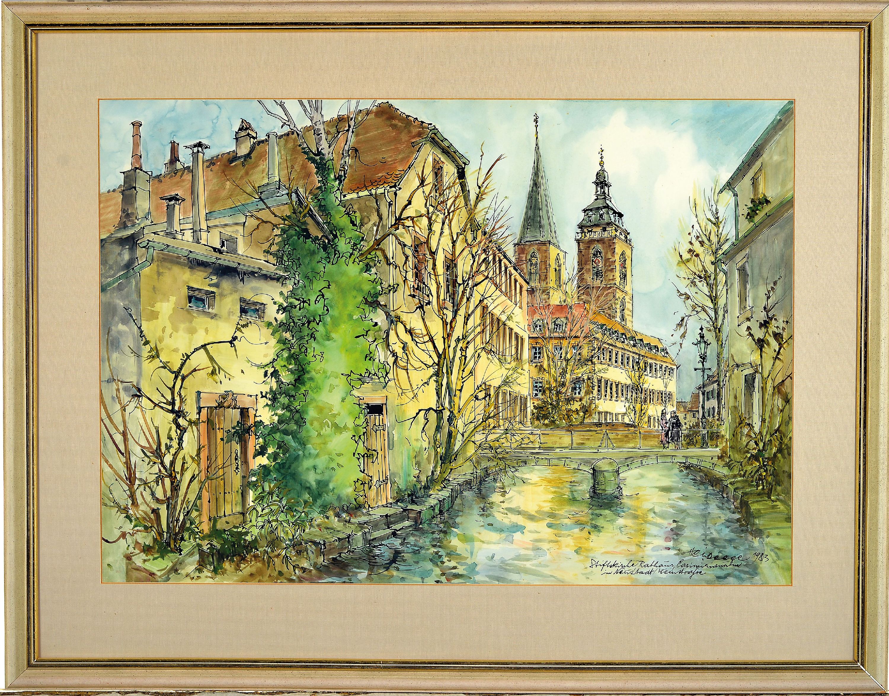 Detail k: Heiner Deege, 1920 Haßloch-2007, Aquarell, Ansicht aus Neustadt a.d. Weinstraße, Stiftskirche und Rathaus, 1983, rechts unten signiert, bez. und ...
