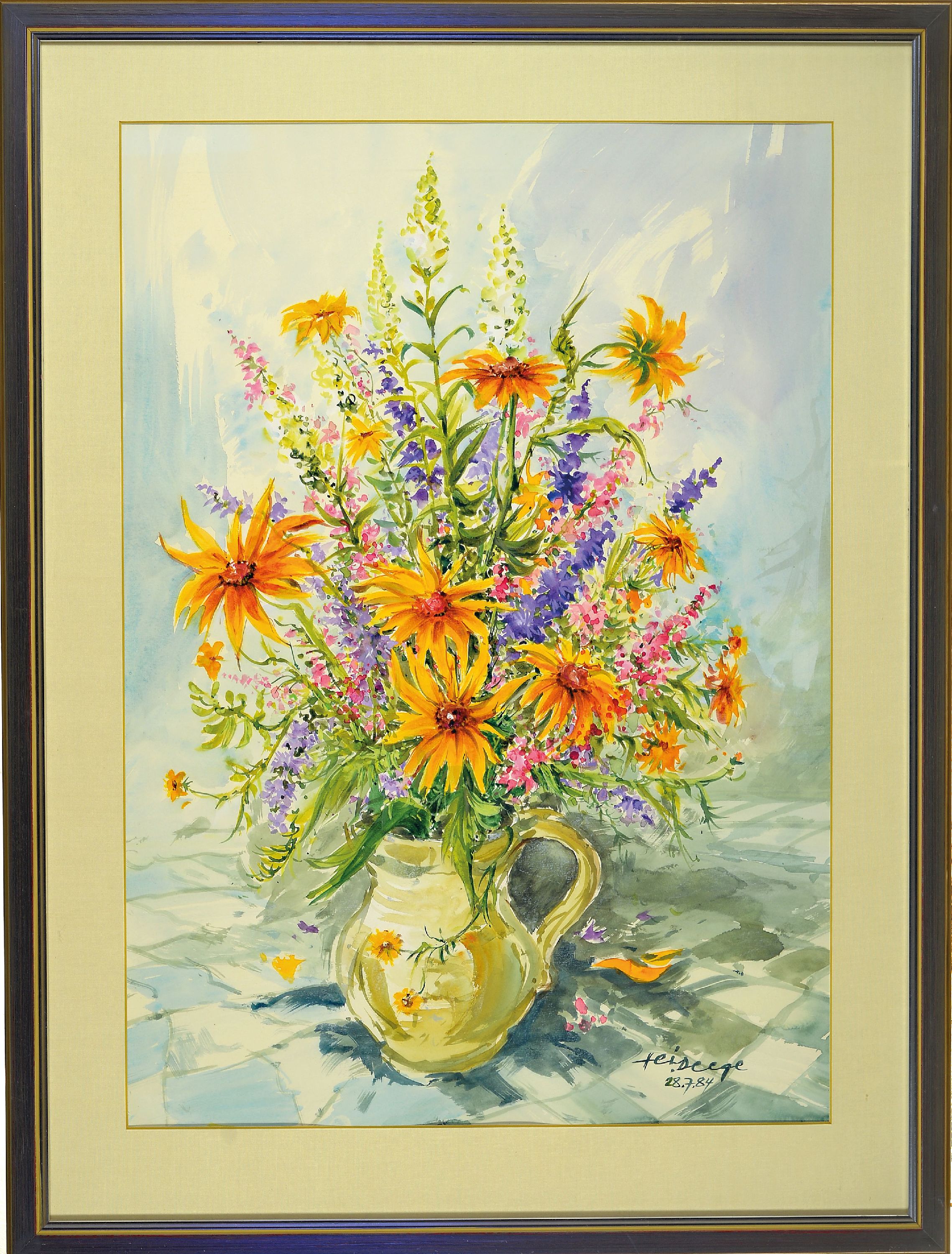 Detail k: Heiner Deege, 1920 Haßloch-2007, Aquarell, Blumenstillleben, Sommerstrauß, 1984, signiert und datiert, unter Glas gerahmt 84x65 cm