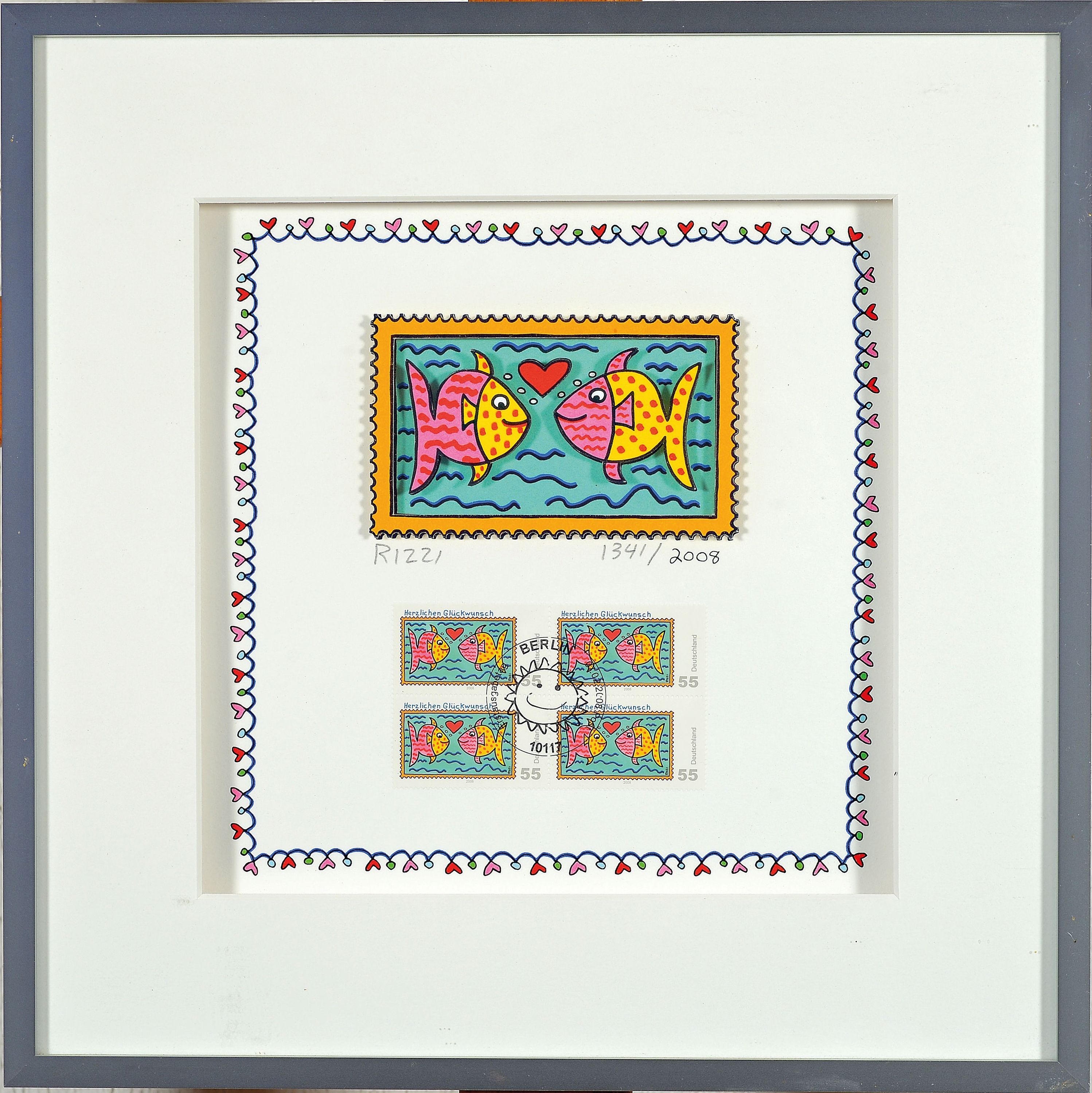 Detail k: James Rizzi, 1950-2011, dreidimensionale Farblitho mit Briefmarkensatz von 2008, handsign. und num. 1341/2008, ca. 6x10cm, PP, u.Gl., R. ca. 31x31cm