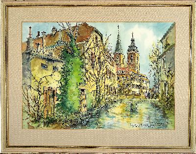 27044906k - Heiner Deege, 1920 Haßloch-2007, Aquarell, Ansicht aus Neustadt a.d. Weinstraße, ...