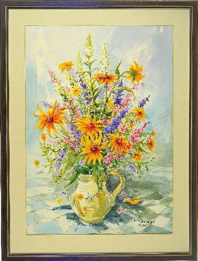 27044907k - Heiner Deege, 1920 Haßloch-2007, Aquarell, Blumenstillleben, Sommerstrauß, 1984, ...