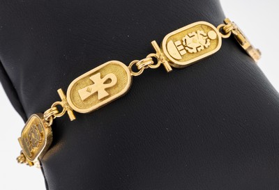 Image 14 kt Gold Armband, GG 585/000 gepr., Glieder mit ägypt. Motiven, L. ca. 19 cm, ca. ...