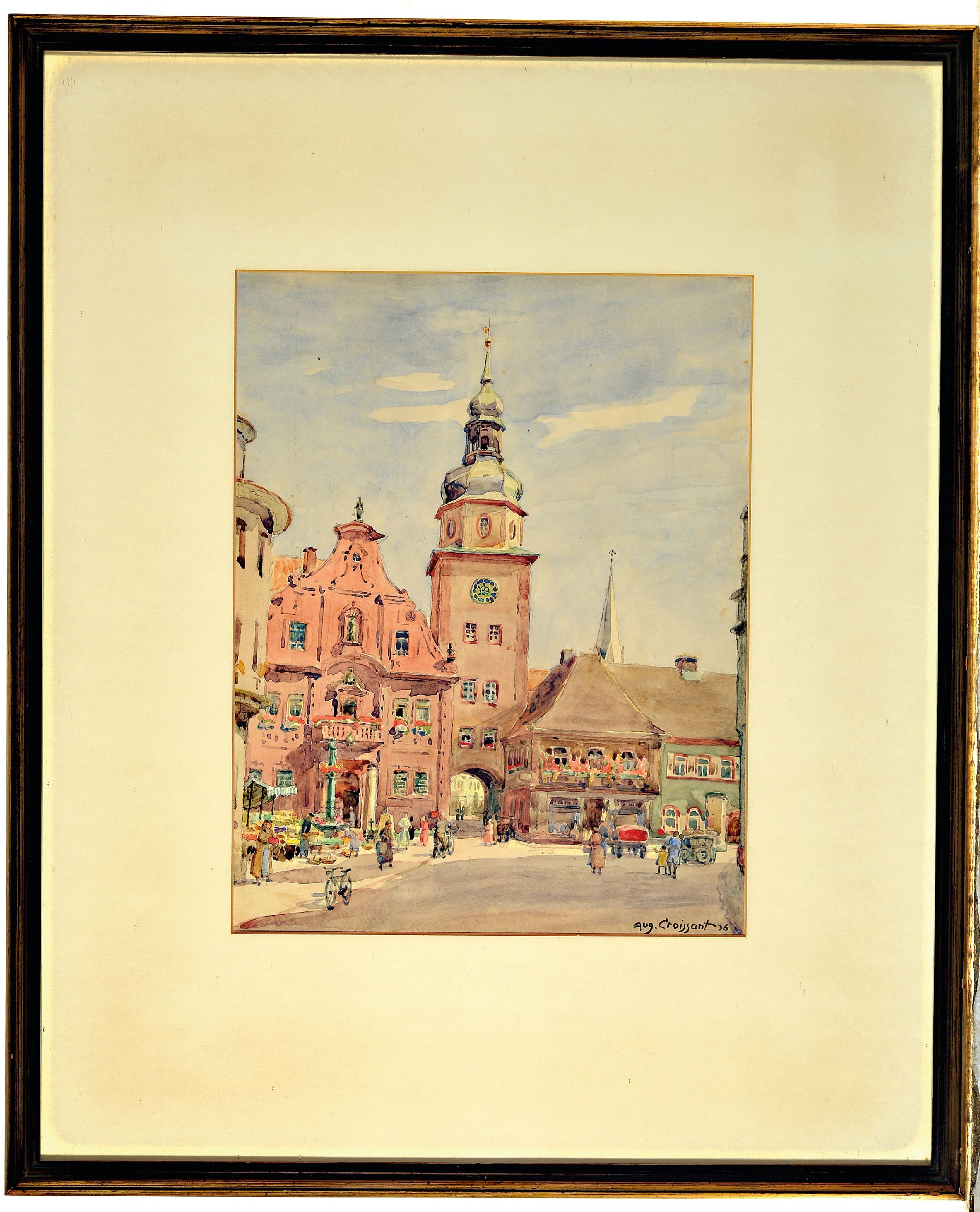 Detail k: August Croissant, 1870 Edenkoben-1941 Landau, Stadtansicht mit Stadttor, Aquarell auf Papier, rechts unten sign. und dat. 36, ca. 29.5x22.5cm, PP, ...