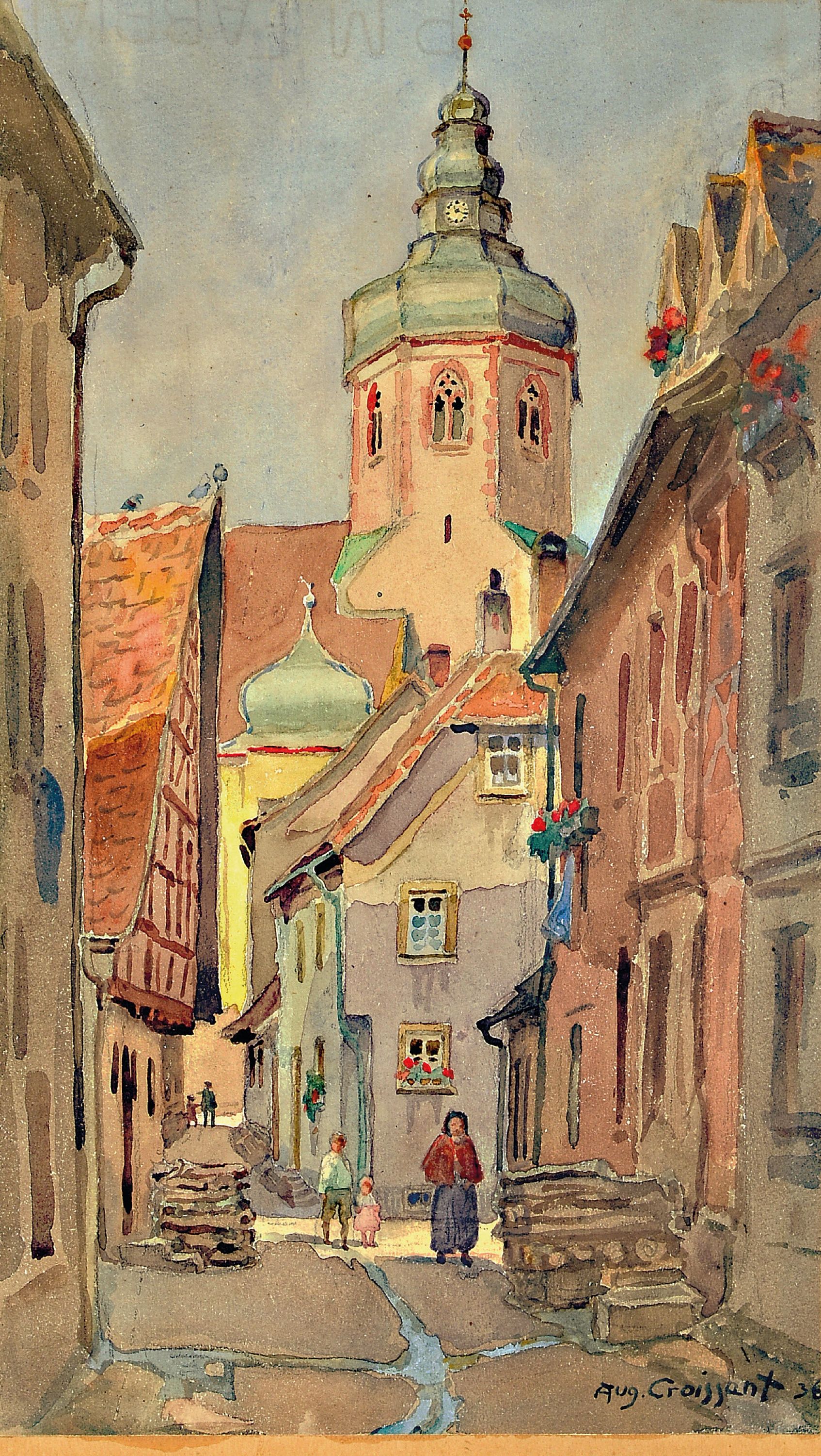 Image 27045073 - August Croissant, 1870 Edenkoben-1941 Landau, Stadtansicht mit Kirche, Aquarell auf ...