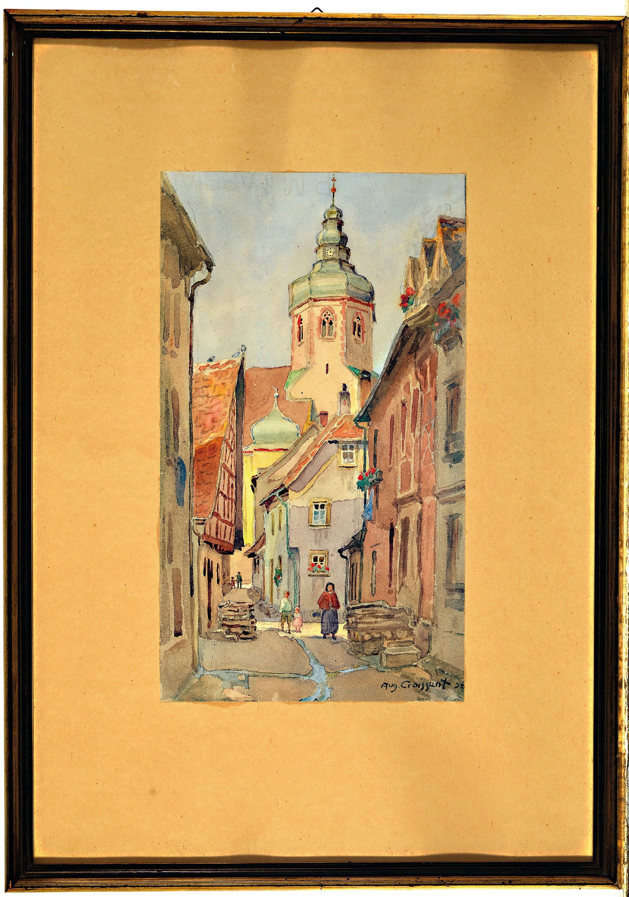 Detail k: August Croissant, 1870 Edenkoben-1941 Landau, Stadtansicht mit Kirche, Aquarell auf Papier, rechts unten sign. und dat. 36, ca. 29.5x17cm, PP, u.Gl., ...