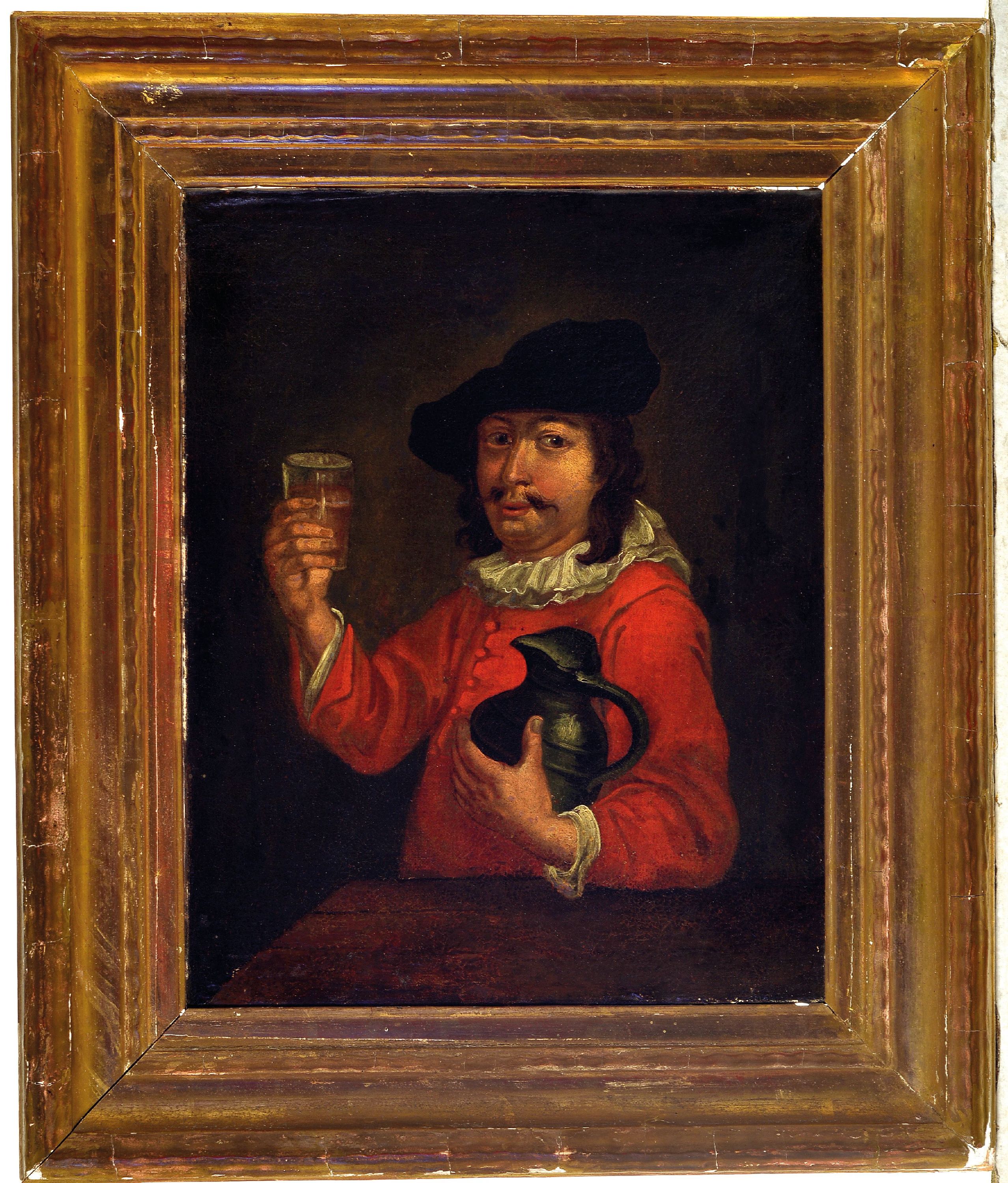 Detail k: Unbekannter Künstler des 19. Jh., Porträt eines Mannes mit Krug und Glas zum Prosten erhoben, Öl/Lwd, rest., ca. 41x32cm, R. ca. 57x48cm
