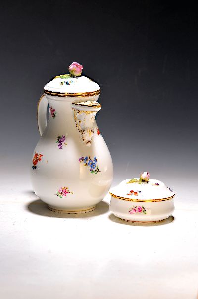 Image Kaffeekanne und Zuckerdose, Streublümchen, Meissen, Knaufzeit, Porzellan, handbemalt, ...