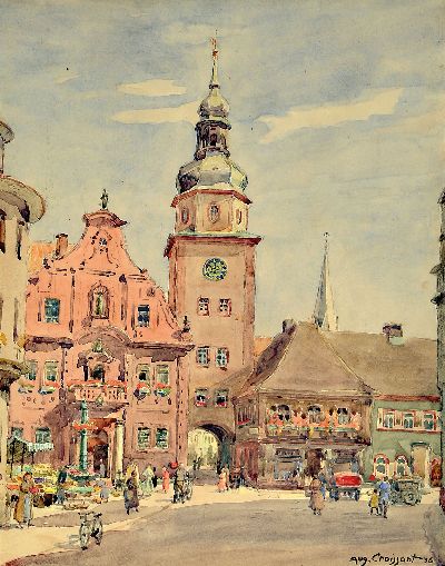 Image August Croissant, 1870 Edenkoben-1941 Landau, Stadtansicht mit Stadttor, Aquarell auf ...