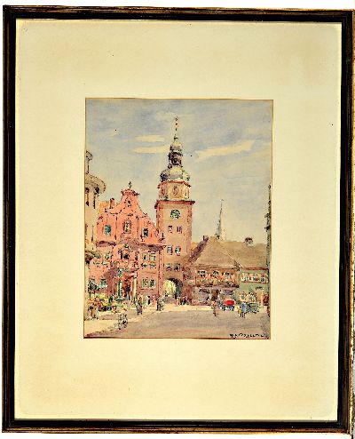 27045072k - August Croissant, 1870 Edenkoben-1941 Landau, Stadtansicht mit Stadttor, Aquarell auf ...