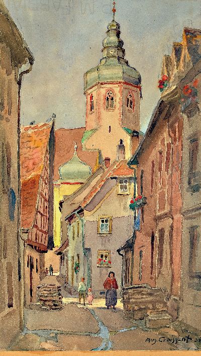 Image August Croissant, 1870 Edenkoben-1941 Landau, Stadtansicht mit Kirche, Aquarell auf ...