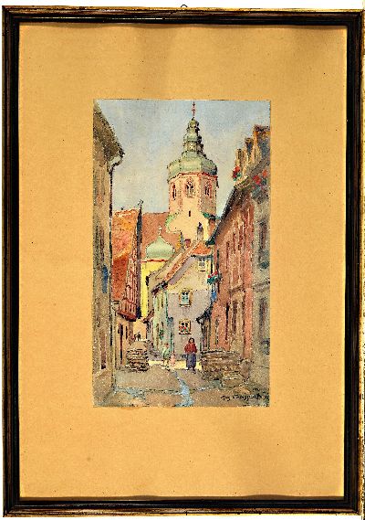 27045073k - August Croissant, 1870 Edenkoben-1941 Landau, Stadtansicht mit Kirche, Aquarell auf ...