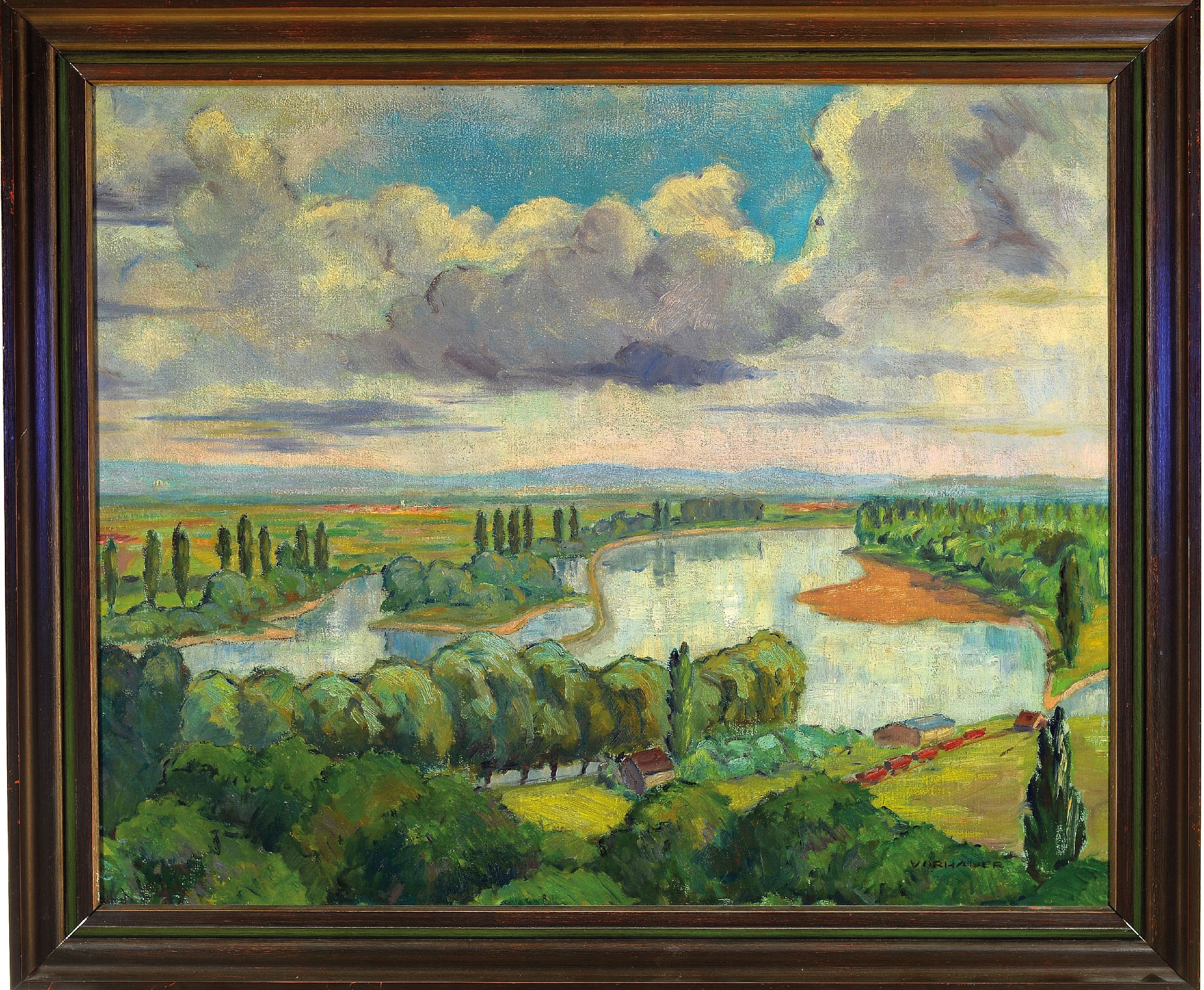 Detail k: Georg Vorhauer, 1903 Paris-1987 Neustadt, pfälzer Altrheinlandschaft, Öl/Lwd, rechts unten signiert, 66x80 cm, Rahmen 77x92 cm