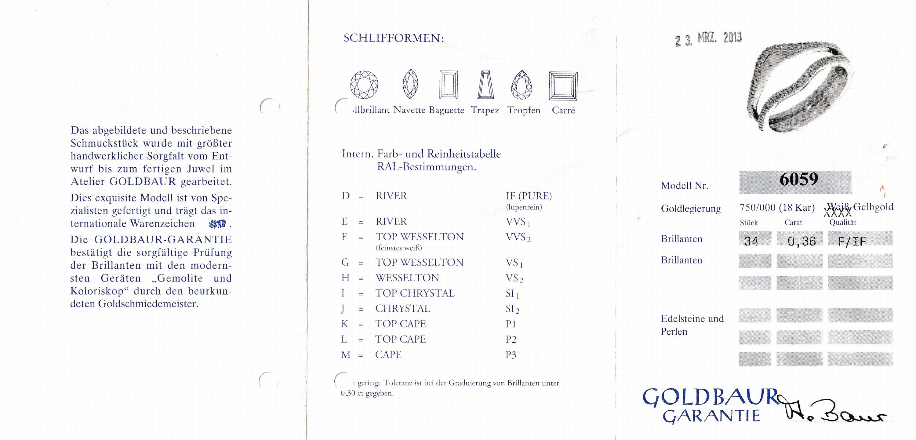 Detail a: 18 kt Gold GOLDBAUR Brillant-Ring, GG 750/000, Aussenringe bes. mit insges. 34 Brillanten zus. ca. 0.36 ct feines Weiß/lp, lt. Juwelenpass, RW 54, ...