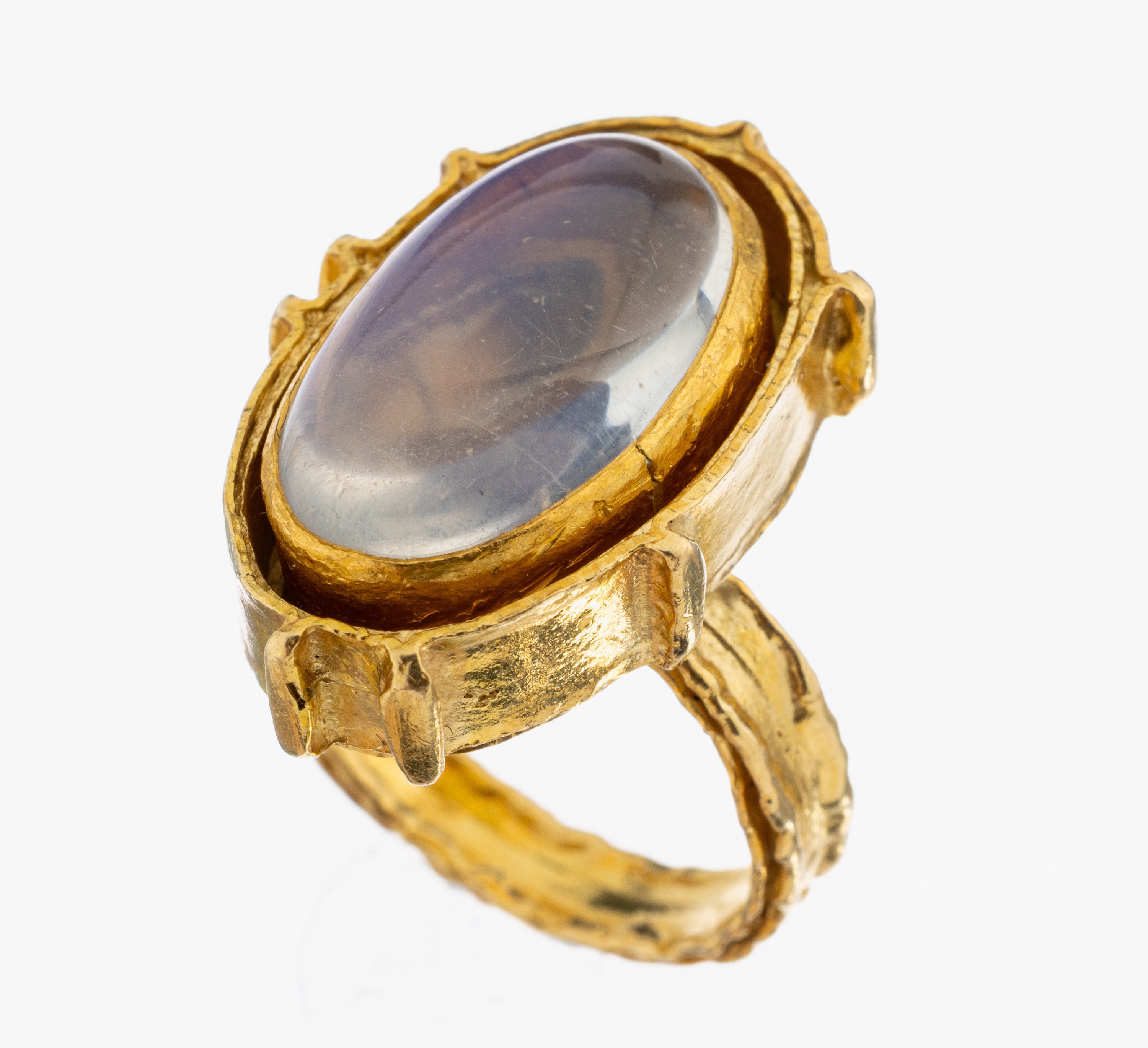 Image 27045843 - Ausgefallener 18 kt Gold Mondstein-Ring, GG750/000, ovaler Ringkopf, 2-rhg., mittig mit ...