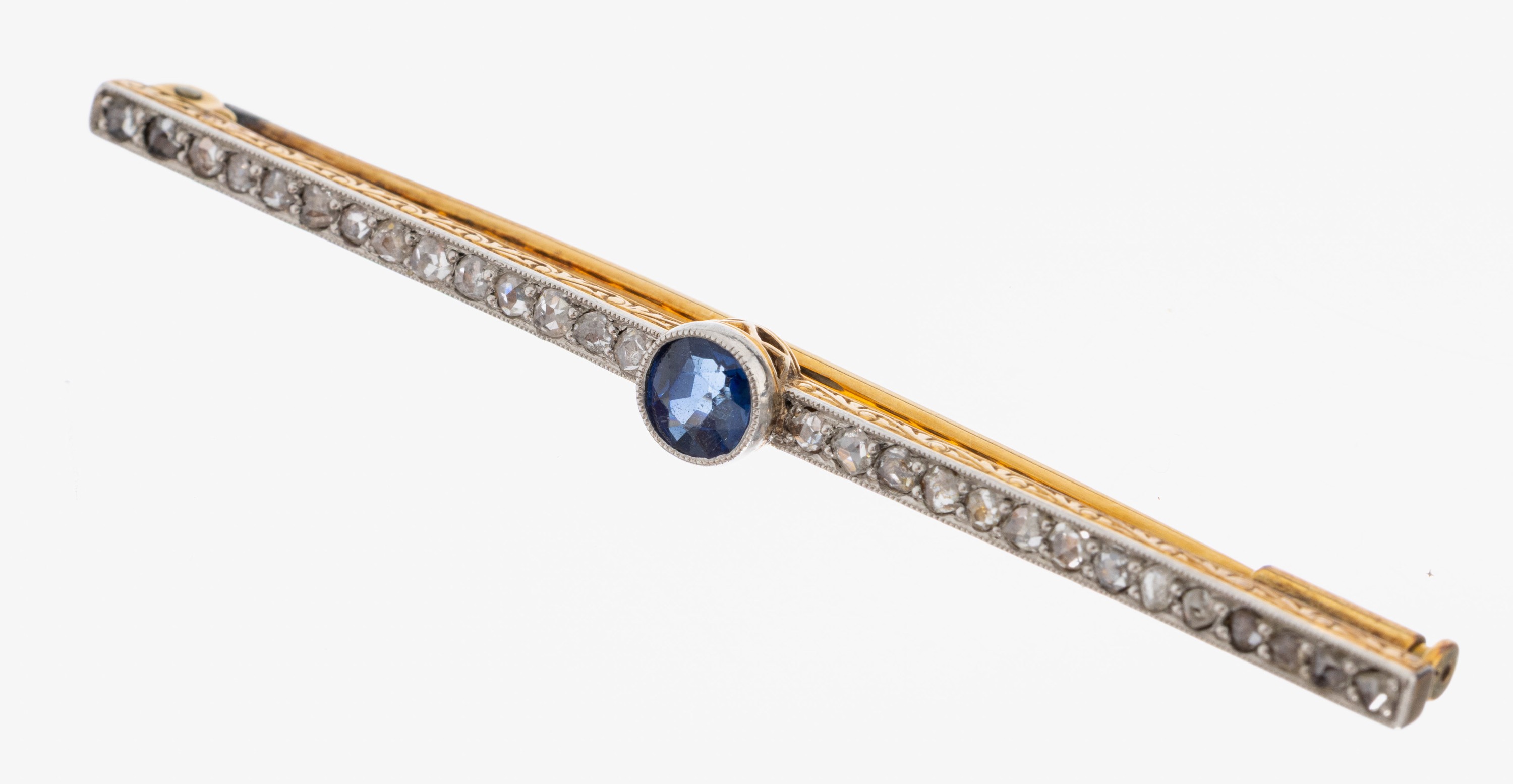 Image 27045847 - 18 kt Gold Saphir-Diamant-Stabbrosche, um 1900, GG 750/000, 1 rundfacett. Saphir ca. ...
