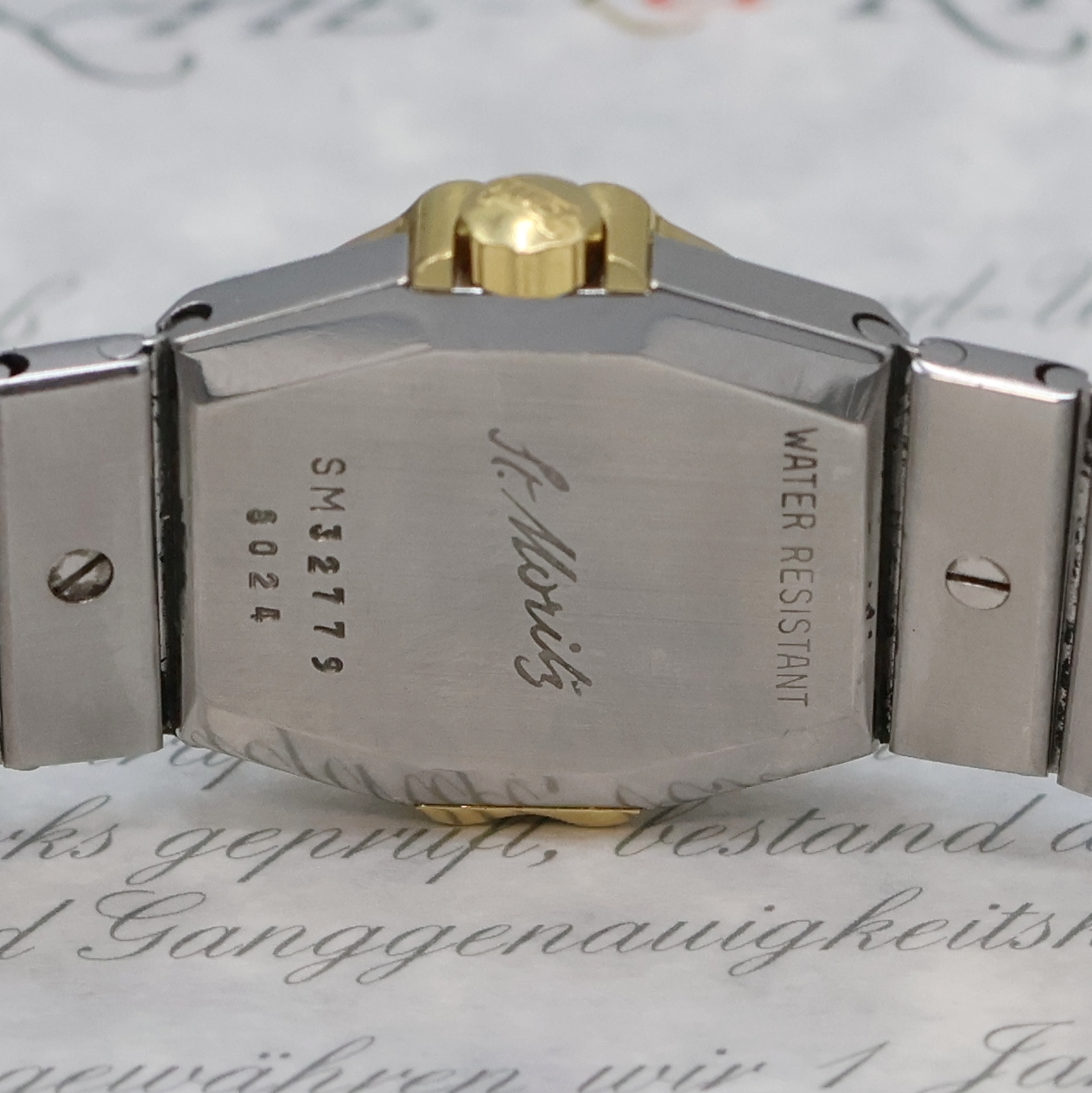 Detail e: CHOPARD Damenarmbanduhr St. Moritz Referenz 8024, quarz, Edelstahl/Gold kombiniert inkl. Gliederband m. dopp. Faltschl., Goldlünette gegen Geh. ...