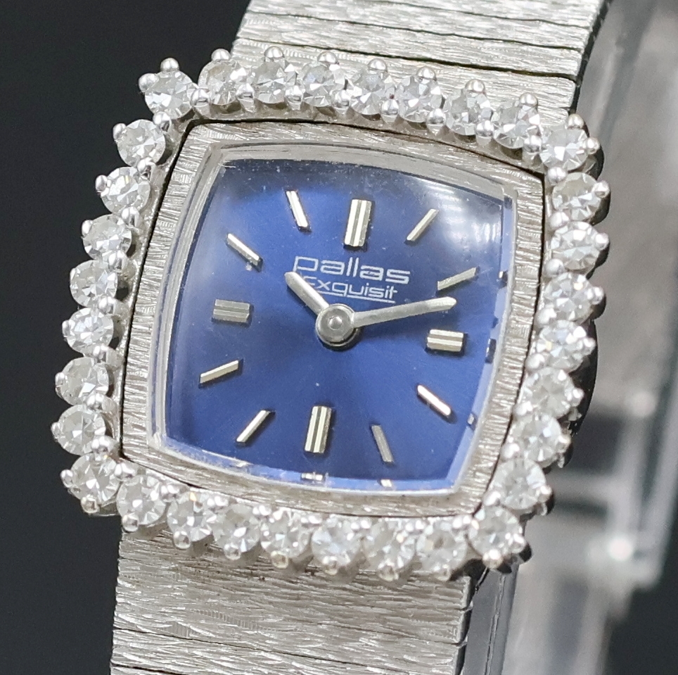 Detail a: PALLAS Exquisit Damenarmbanduhr in WG 750/000 mit Diamantlünette, Handaufzug, Deutschland 1960er Jahre, 2-teil. Geh. inkl. Milanaiseband, Boden ...