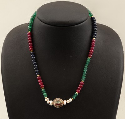 27045838a - 18 kt Gold GOLDBAUR Saphir-Rubin-Smaragd- Diamant-Öse/Kugelschließe, GG 750/000, ...