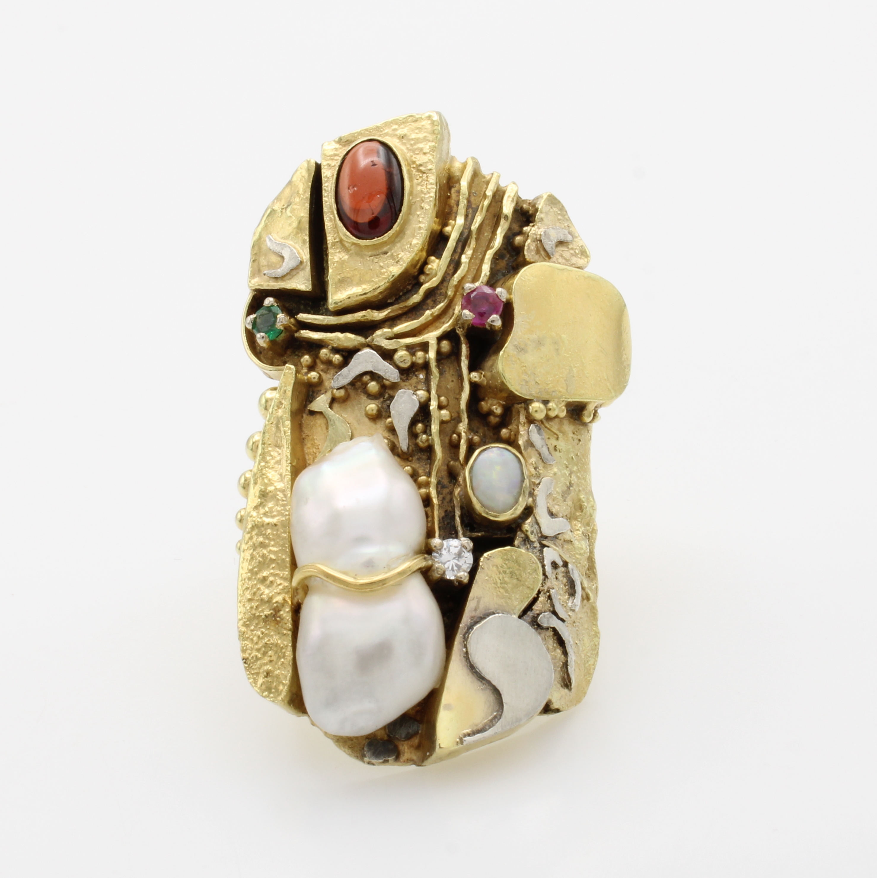 Image 27046488 - Ring mit Farbsteinen, Biwaperle und Brillant, GG 750/000, z.T. rhod., Smaragd, Rubine ...