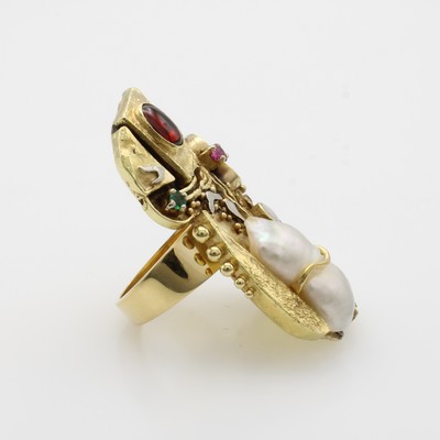 27046488a - Ring mit Farbsteinen, Biwaperle und Brillant, GG 750/000, z.T. rhod., Smaragd, Rubine ...