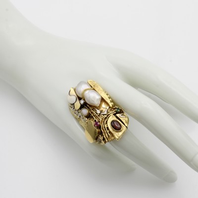 27046488c - Ring mit Farbsteinen, Biwaperle und Brillant, GG 750/000, z.T. rhod., Smaragd, Rubine ...