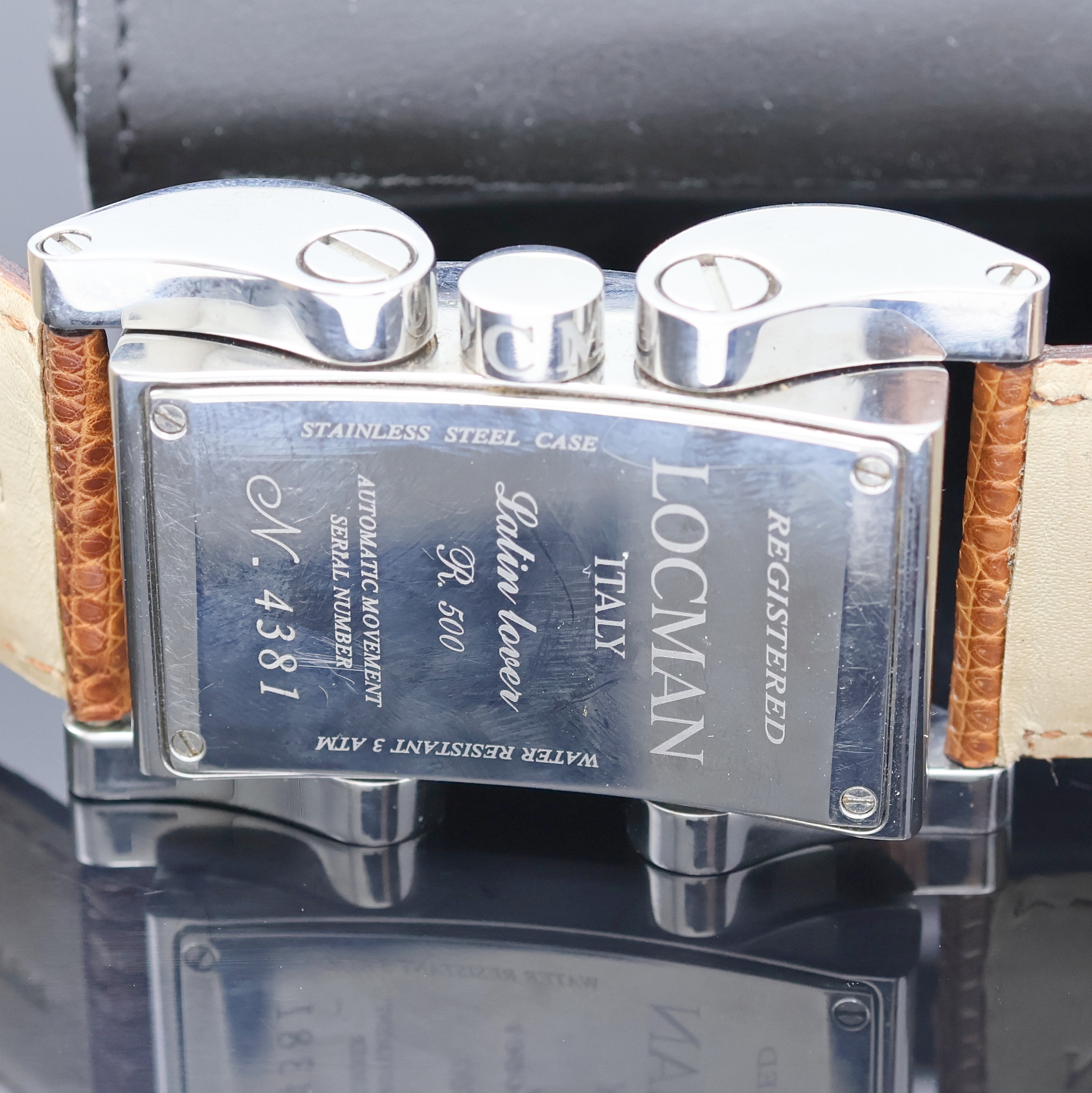 Detail e: LOCMAN Herrenarmbanduhr Latin Lover Referenz R500, Italien verk. lt. beil. Garantie 06/2005, Automatik, Edelstahlgeh. inkl. orig. Lederband m. ...