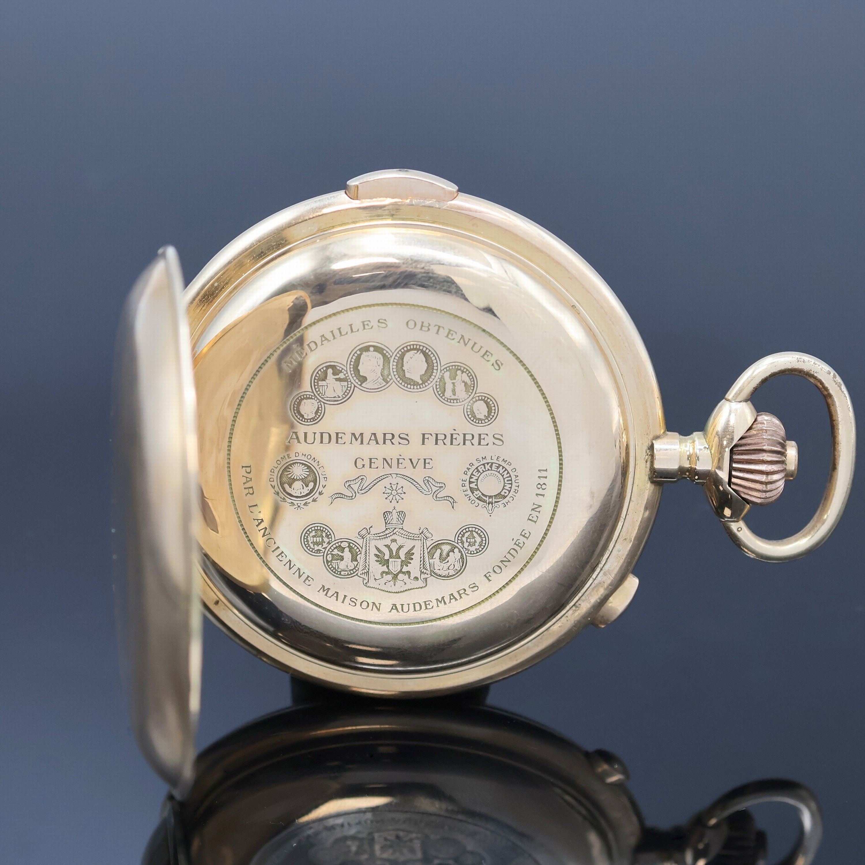 Detail c: AUDEMARS FRERES große Herrensavonette mit 1/4-Repetition und Chronograph in RG 585/000, Schweiz um 1910, glattes 3-Deckel-Goldgeh. dell., ...