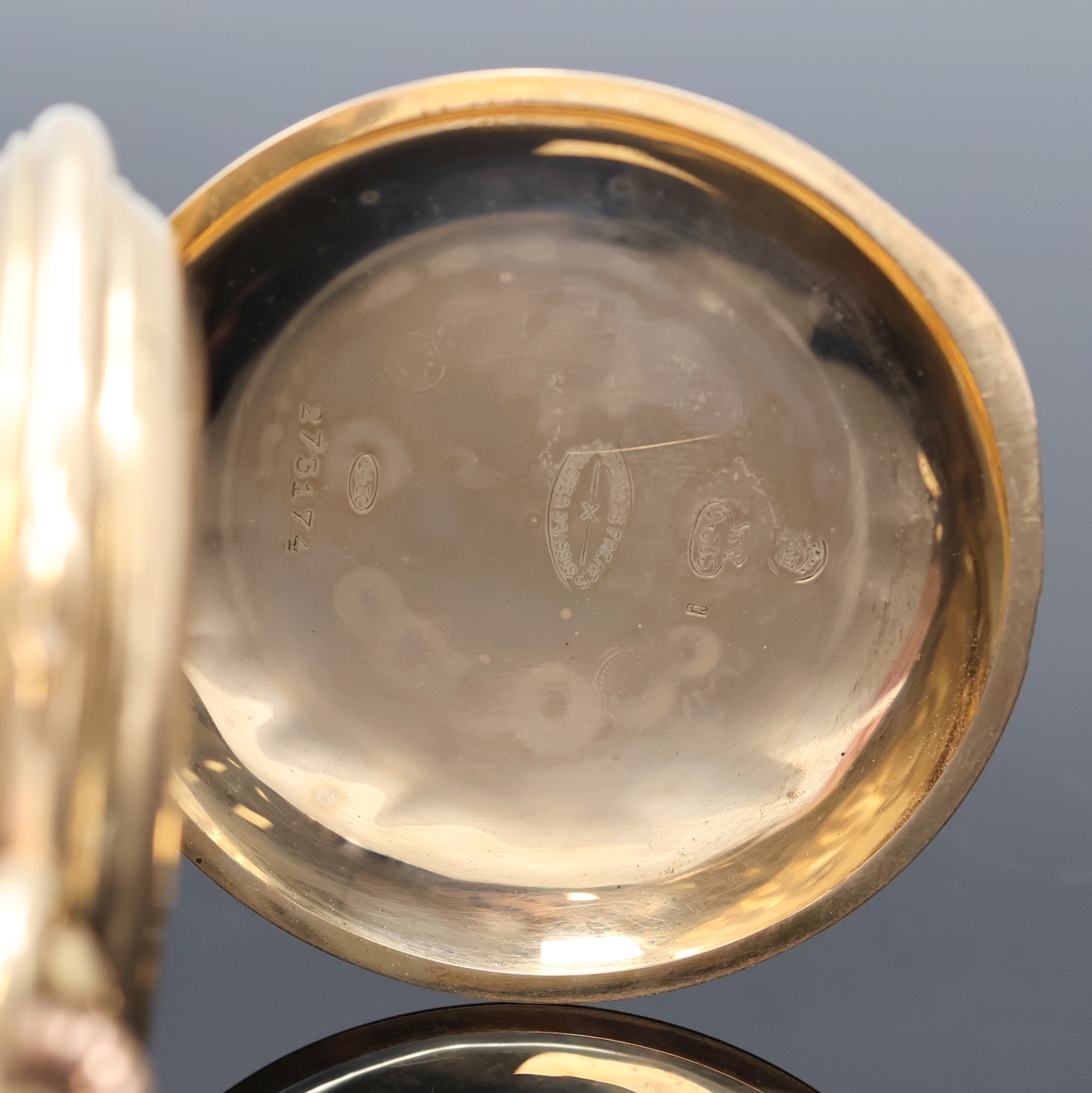 Detail d: AUDEMARS FRERES große Herrensavonette mit 1/4-Repetition und Chronograph in RG 585/000, Schweiz um 1910, glattes 3-Deckel-Goldgeh. dell., ...