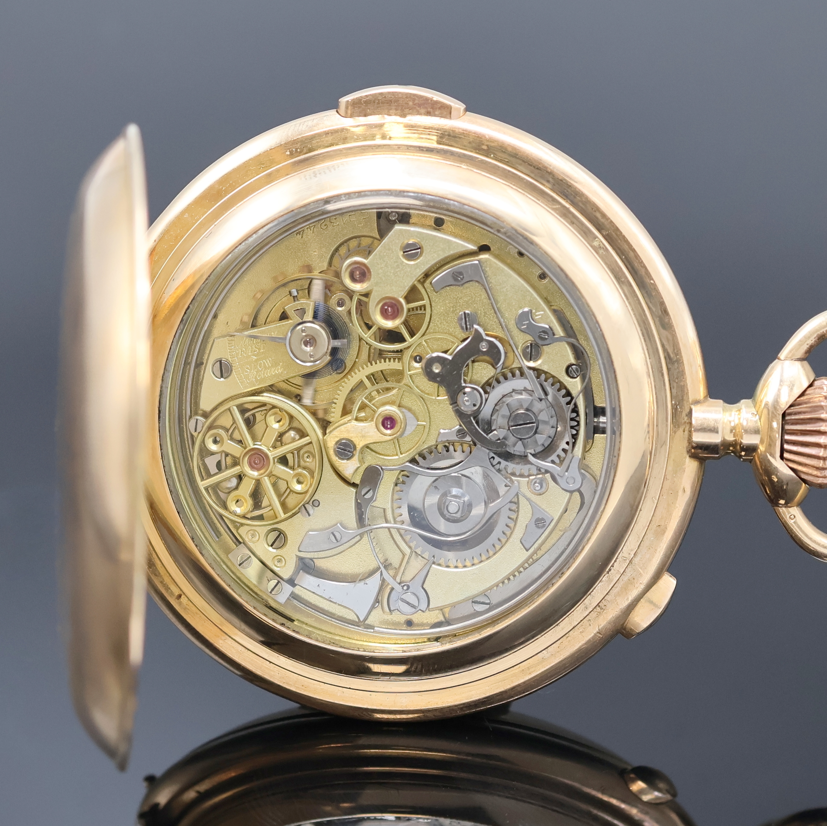 Detail e: AUDEMARS FRERES große Herrensavonette mit 1/4-Repetition und Chronograph in RG 585/000, Schweiz um 1910, glattes 3-Deckel-Goldgeh. dell., ...