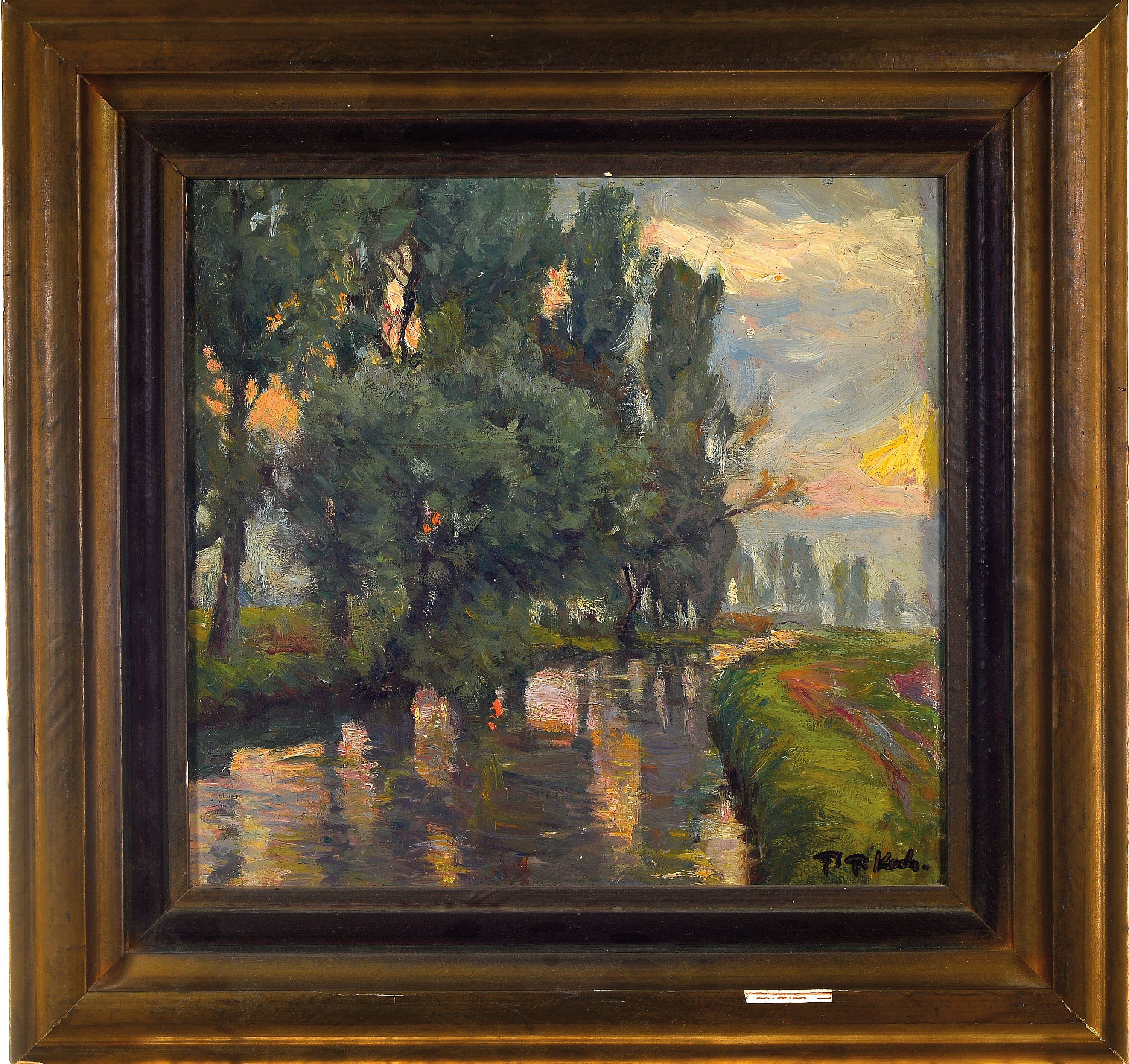 Detail k: Friedrich Ferdinand Koch, 1863-1923 Landau, "Abendlandschaft an der Queich bei Offenbach", um 1900, rechts unten signiert, verso Etikett ...